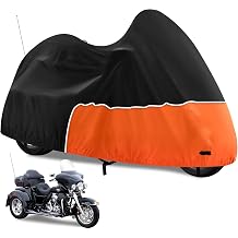 Trike Cover, Waterproof 3 Wheel Motorcycle Cover for Harley Davidson, Honda Goldwing, Kawasaki Trike Accessories, with Windproof Buckle, Reflective Strap, Black&amp;Orange