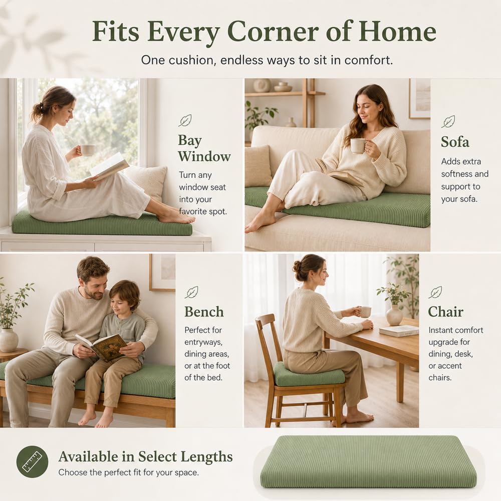 AEHO Bankauflage aus Cord, Sitzkissen Bank 5cm mit 50D Schaumstoff, Sitzpolster mit Anti-Rutsch Boden & 2 Bändern, Sitzauflage für Sitzbank,Khaki,180x55x5cm
