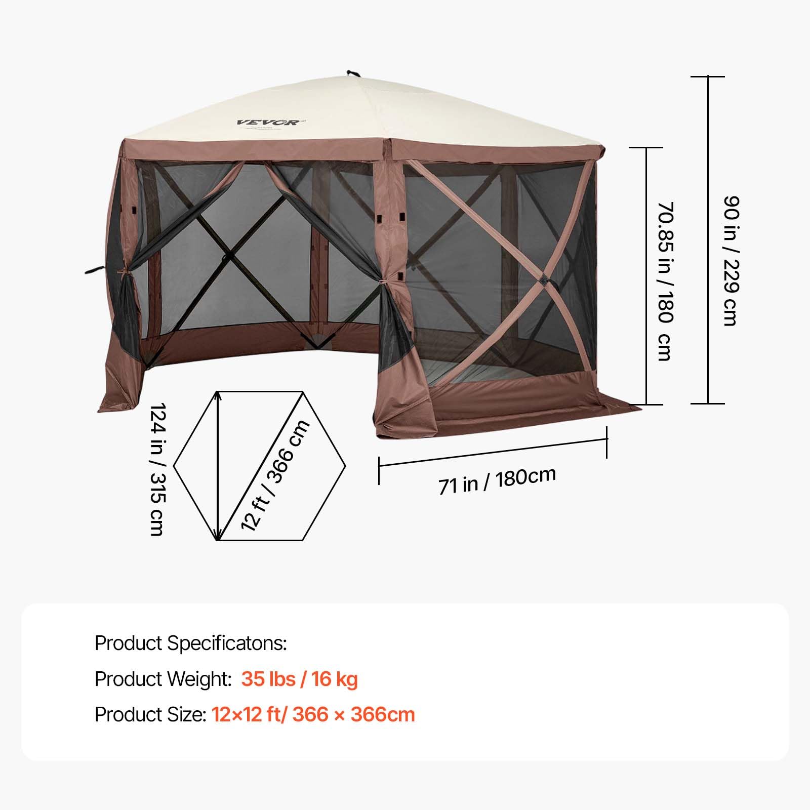 VEVOR Pavillon-Zelt, 3,6 x 3,6 m, 6-seitiges Pop-up-Camping-Überdachungszelt mit Netzfenstern, tragbarer Tragetasche, Erdnägeln, großen Schattenzelten für Camping im Freien, Rasen und Hinterhof