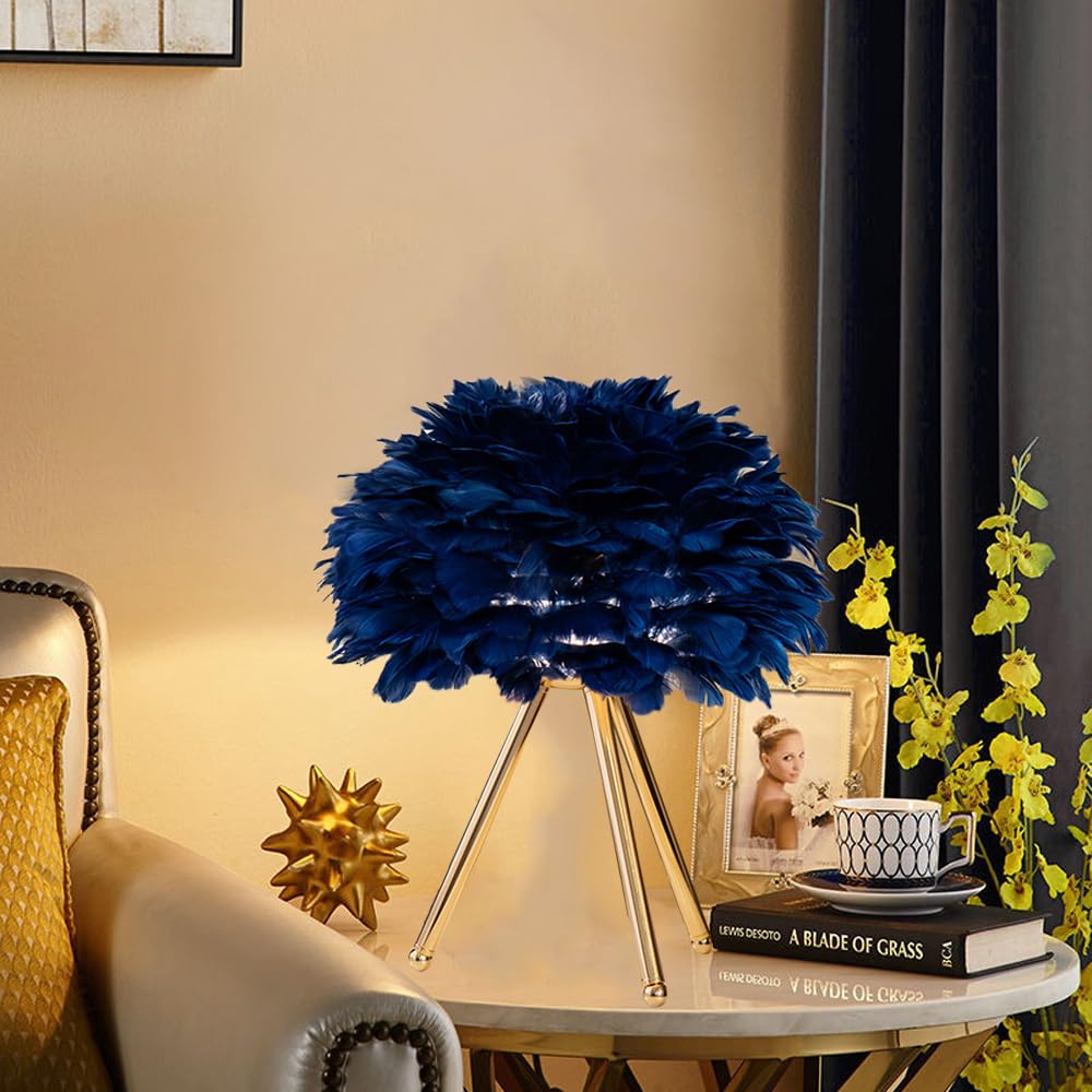 Mengjay Lampada da Comodino,Lampada da Tavolo con Piume Paralume,Abat Jour da Comodino Camera da Letto,E27 Lampada da Scrivania Moderna Luce da Lettura per Soggiorno (Blu)