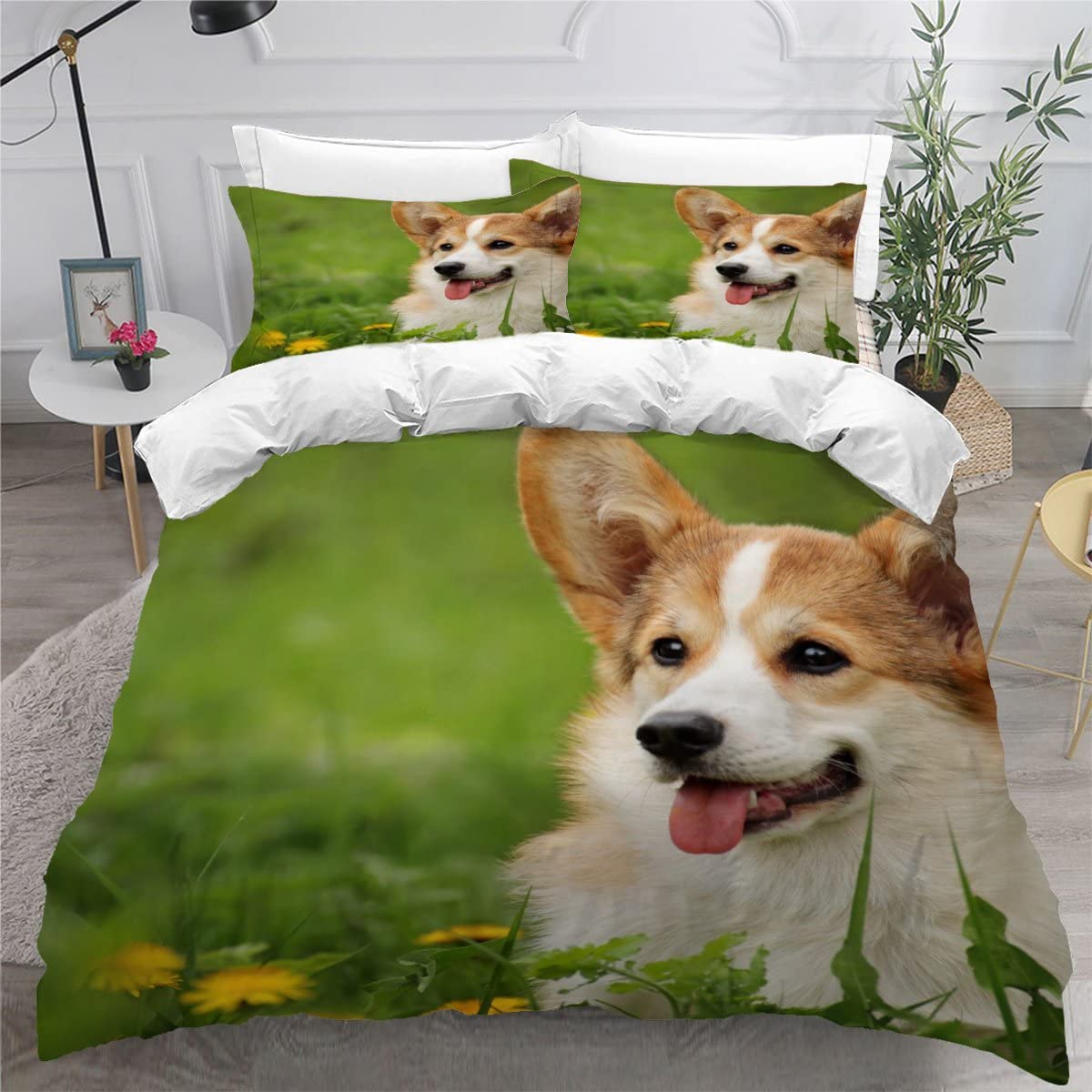 King Size Bedding Sets Koji Pembroke Dog Green Double Bed Duvet Cover Set with Pillow Cases Hidden Zipper Adults Teenager 3Pcs Fluffy Duvet Cover King Size — image 1