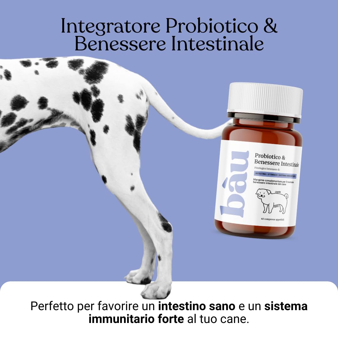 Bau Probiotici per Cani, Fermenti Lattici Cane, Supporto Gastrointestinale Cane, Probiotico Digestivo per Cani Prurito, Integratore Diarrea Cane con Ingredienti Naturali, Probiotico Cane -60cps