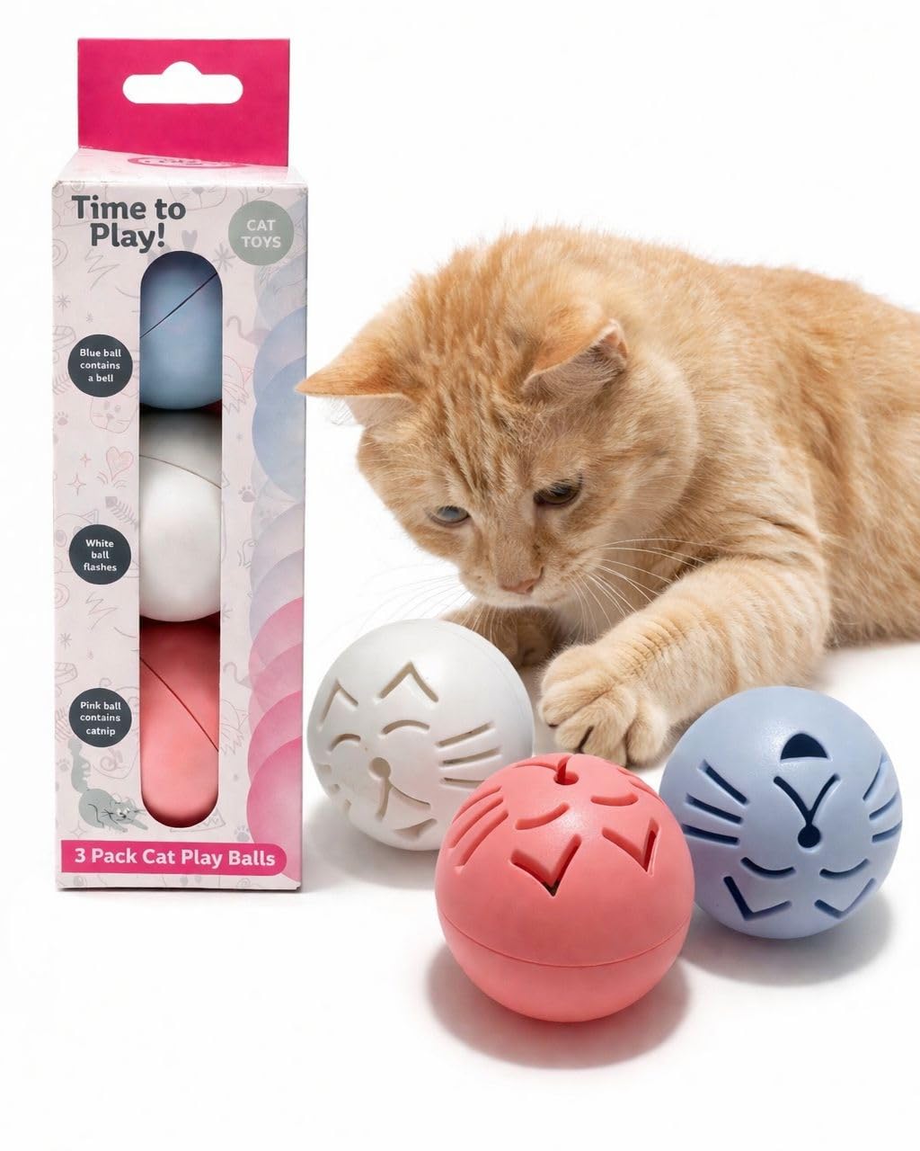 Pet Guru Cat Play Balls, 3 Pack, with Bell, Catnip, and Flashing Features, Blue, White, and Pink Cat & Kitten Play Balls (Pack of 6)