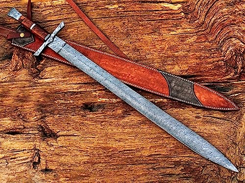 Handmade Viking Sword,Damascus Steel Medieval Sword with Leather Sheath,29