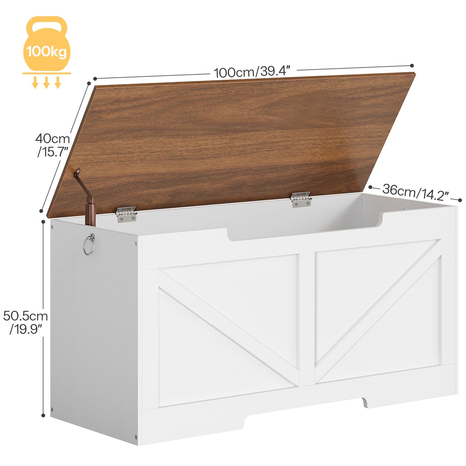 HOOBRO Baúles con Espacio de Almacenamiento, Caja de Juguetes con Tapa, Banco de baúl, Caja de Almacenamiento, 2 Anillas, 100 cm, Resistente, Estable, para niños, Pasillo, Blanco y Nogal EWH771CW01G1