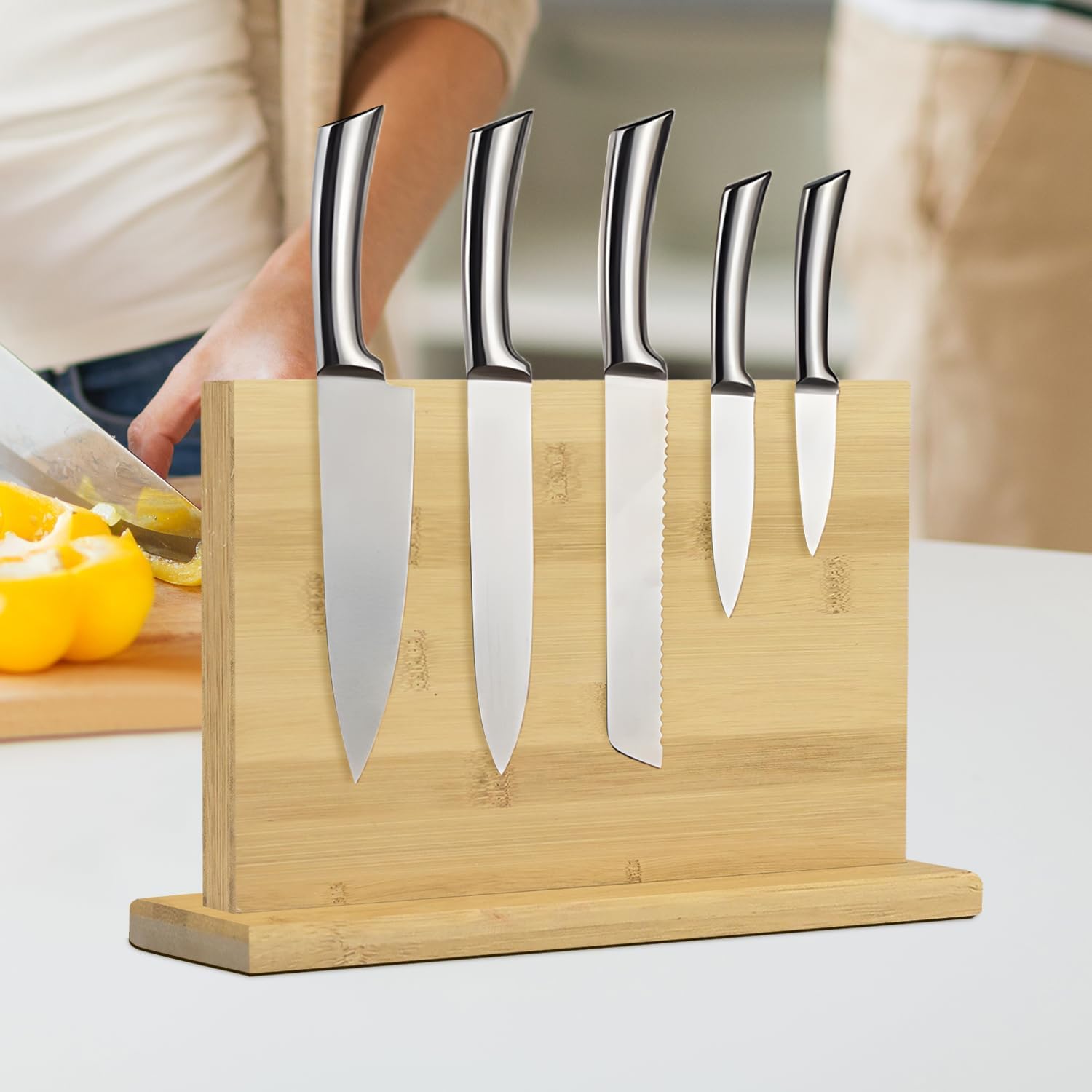 Magnetic Knife Block 28 x 19 Inches, Double Sided Magnetic Knife Holder Rack for Kitchen Counter, Acacia Wood Magnetic Knife Storage Stand with Knife Sharpener