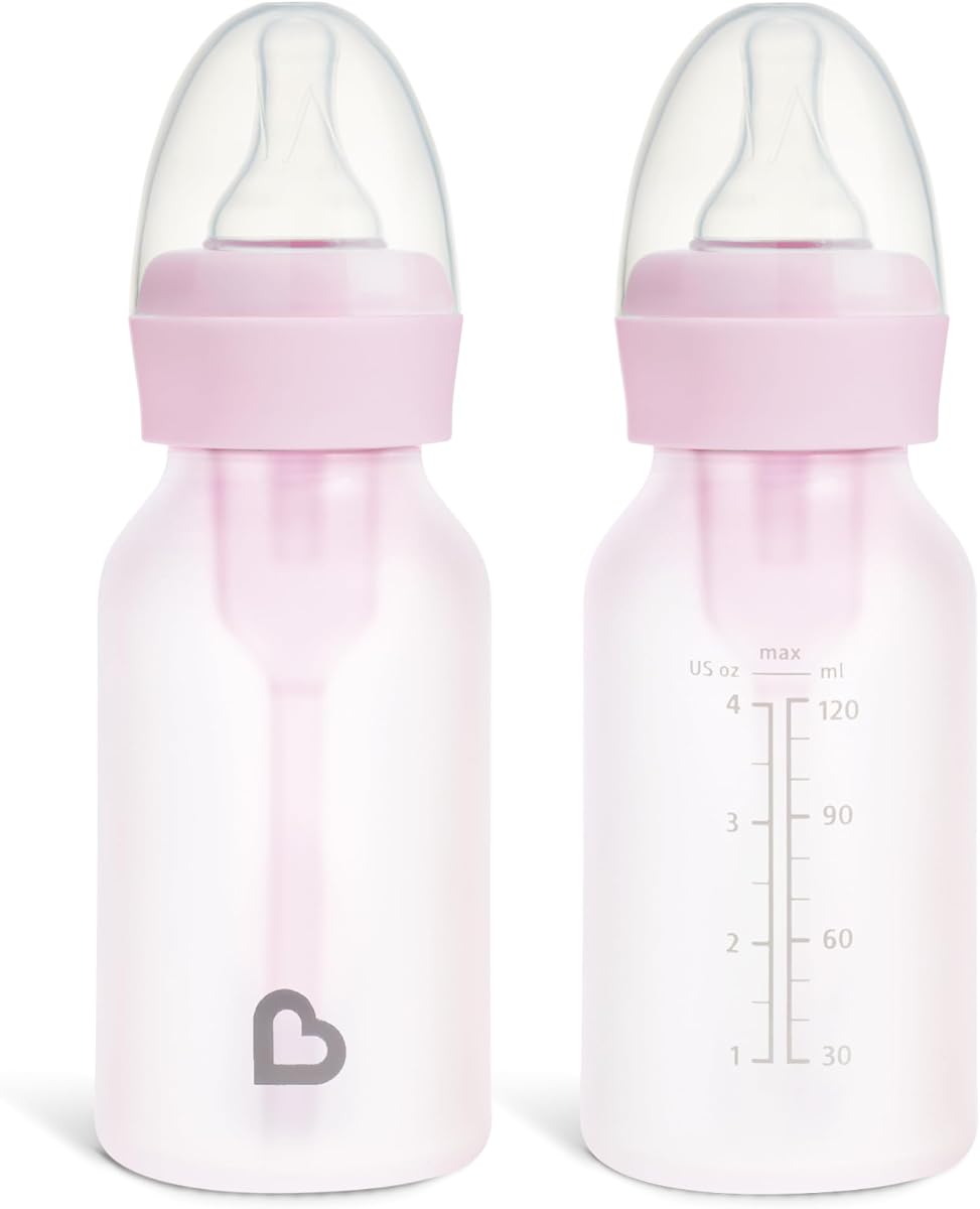 Bond Silicone Coated Glass Baby Bottles - Anti-Colic Feeding System with Natural Feel Nipples, 4 Ounce, 2 Pack, Pink
