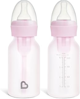 Munchkin Bond Silicone Coated Glass Baby Bottles - Anti-Colic Feeding System with Natural Feel, 4 Ounce, 2 Pack, Pink