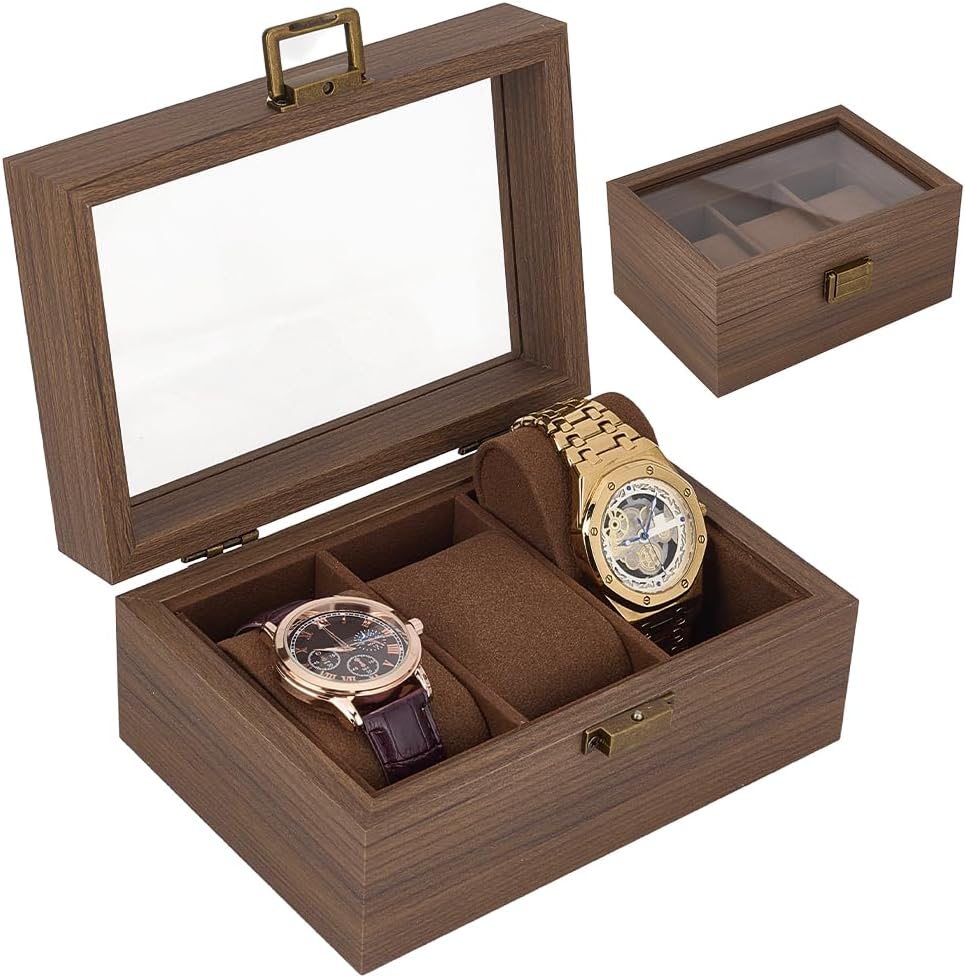 PH PandaHall Watch Case for Men, 3 Slot Watch Display Box Wooden Watches Storage Box Organizer with Large Glass Lid for Watch Home Travel Ofiice Gift Organizer Display, 6.7x4.7x3.2 inch