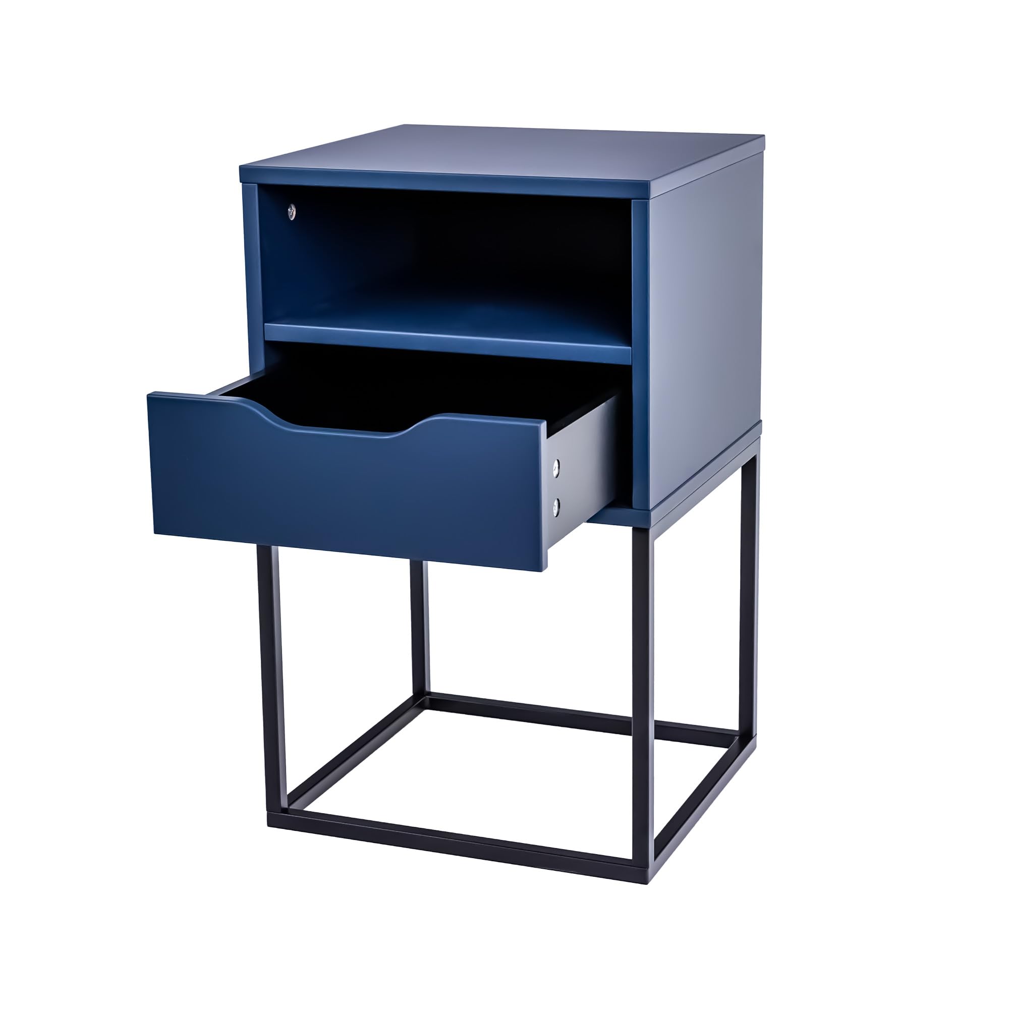 Comodino Moderno Camera da Letto L38 x P36 x H63 cm, Tavolino Notte con Cassetto e Gambe in Metallo, Design Scandinavo, Mobiletto Contenitore Compatto, Comodino Blu Scuro