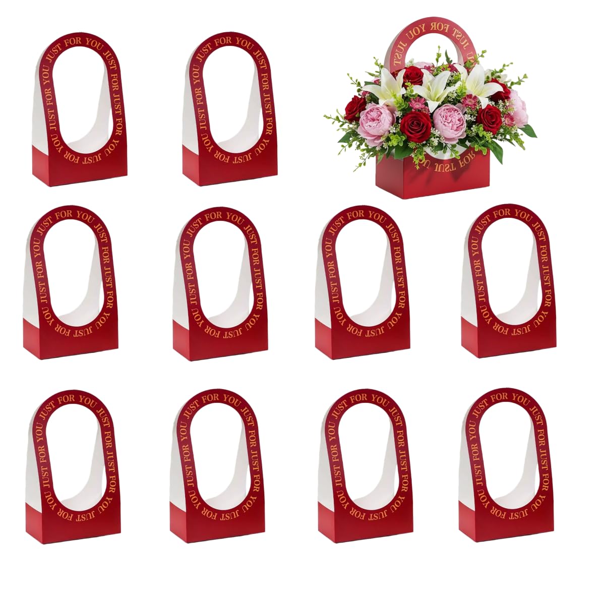 10Pcs Cardboard Flower Box with Handle Floral Gift Boxes with Handles Portable Bouquet Packaging for Florist (Red)