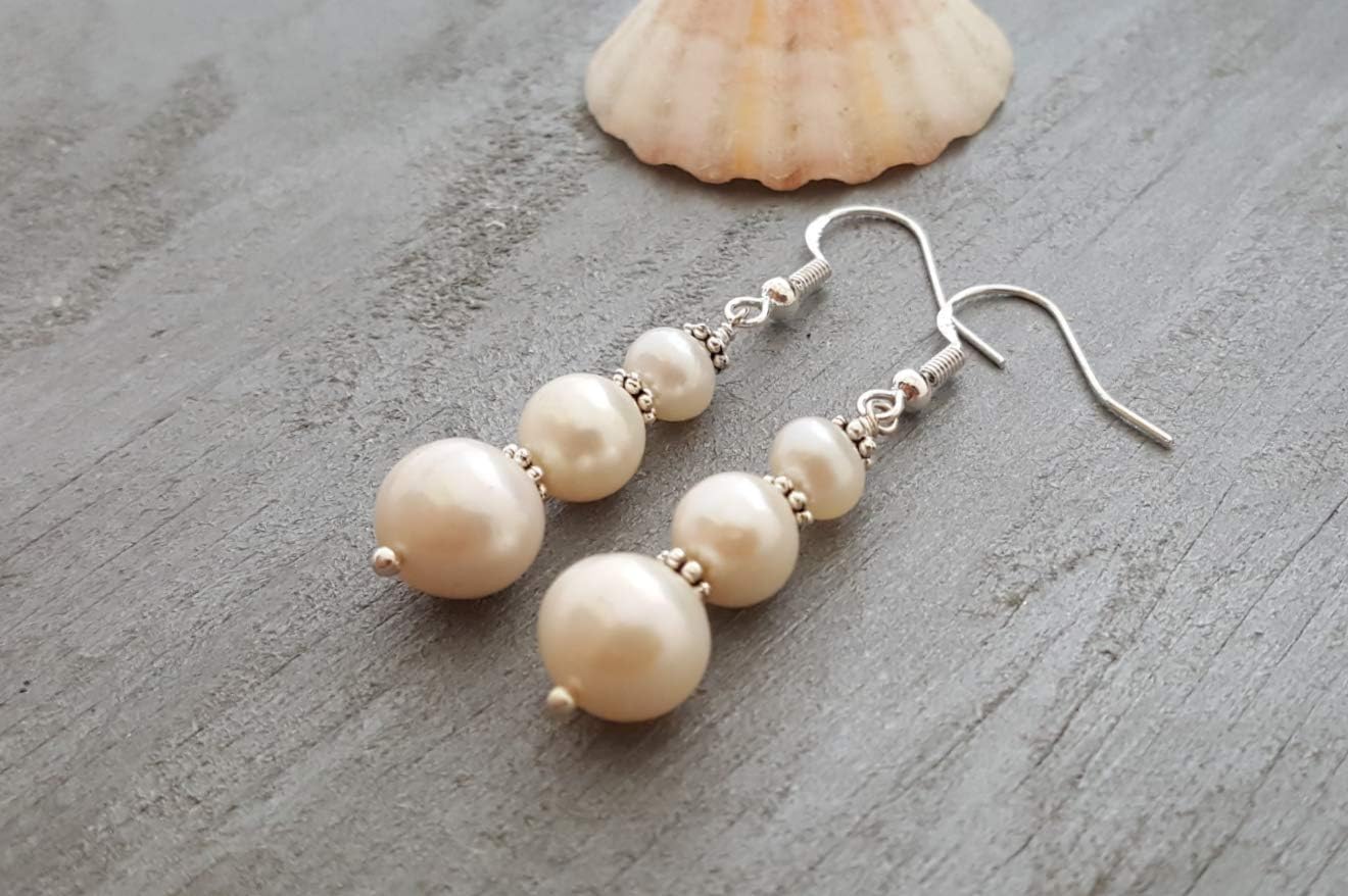 Handmade Sea Glass Earrings, Hawaiian Jewelry for Women, String Pearl Earrings, Unique Ocean, Beach Glass Special Birthday Gift For Women (June Birthstone)