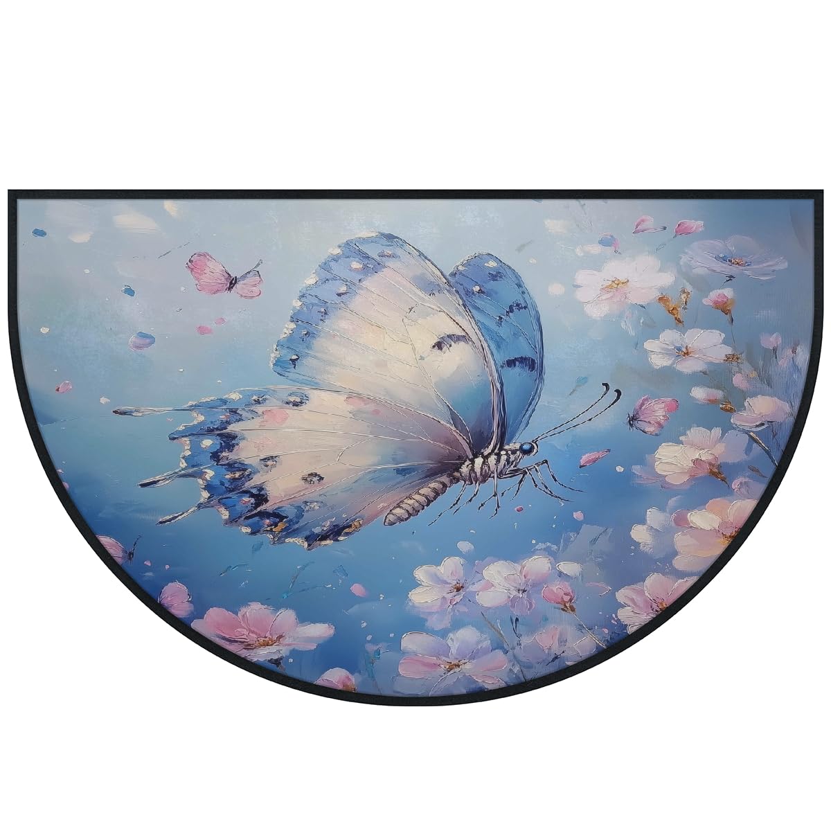 Mexpekil Paillasson demi-rond antidérapant lavable en demi-lune avec motif papillon et motif floral bleu - pour intérieur et extérieur - 100 x 160 cm