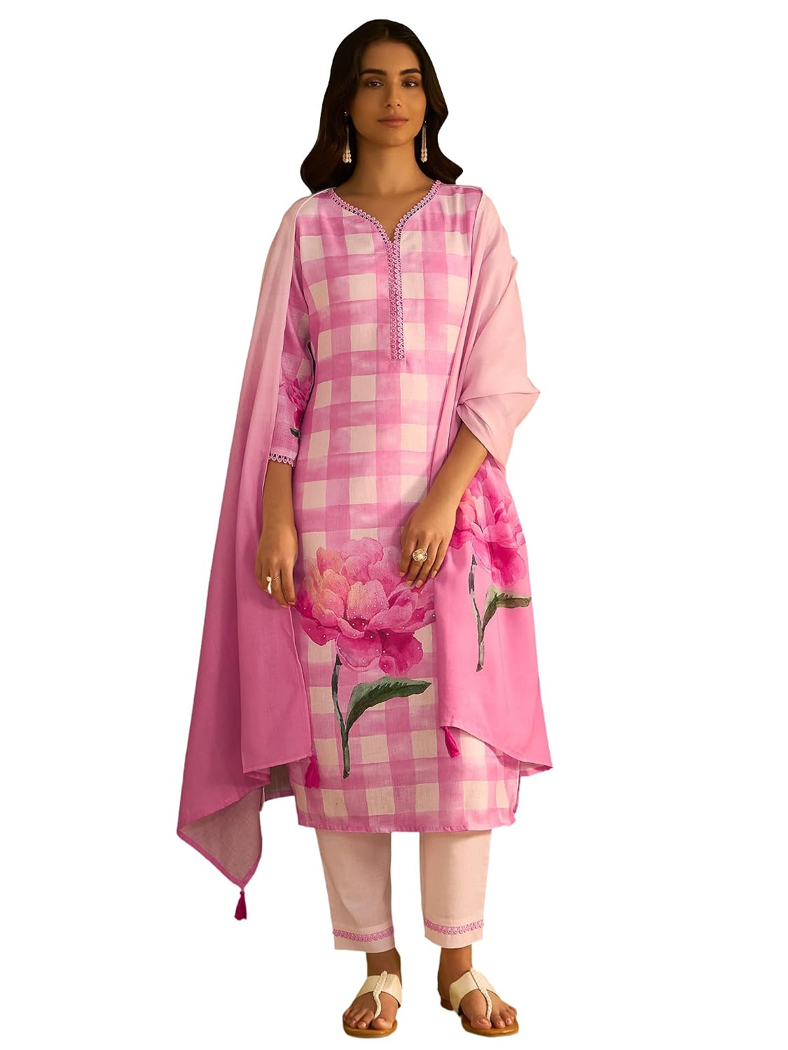 INDO ERA Women's Straight Linen Floral Print with Beads Work Kurta Pant with Dupatta Set (IEOUT9827) - Review, Price and Buying Guide