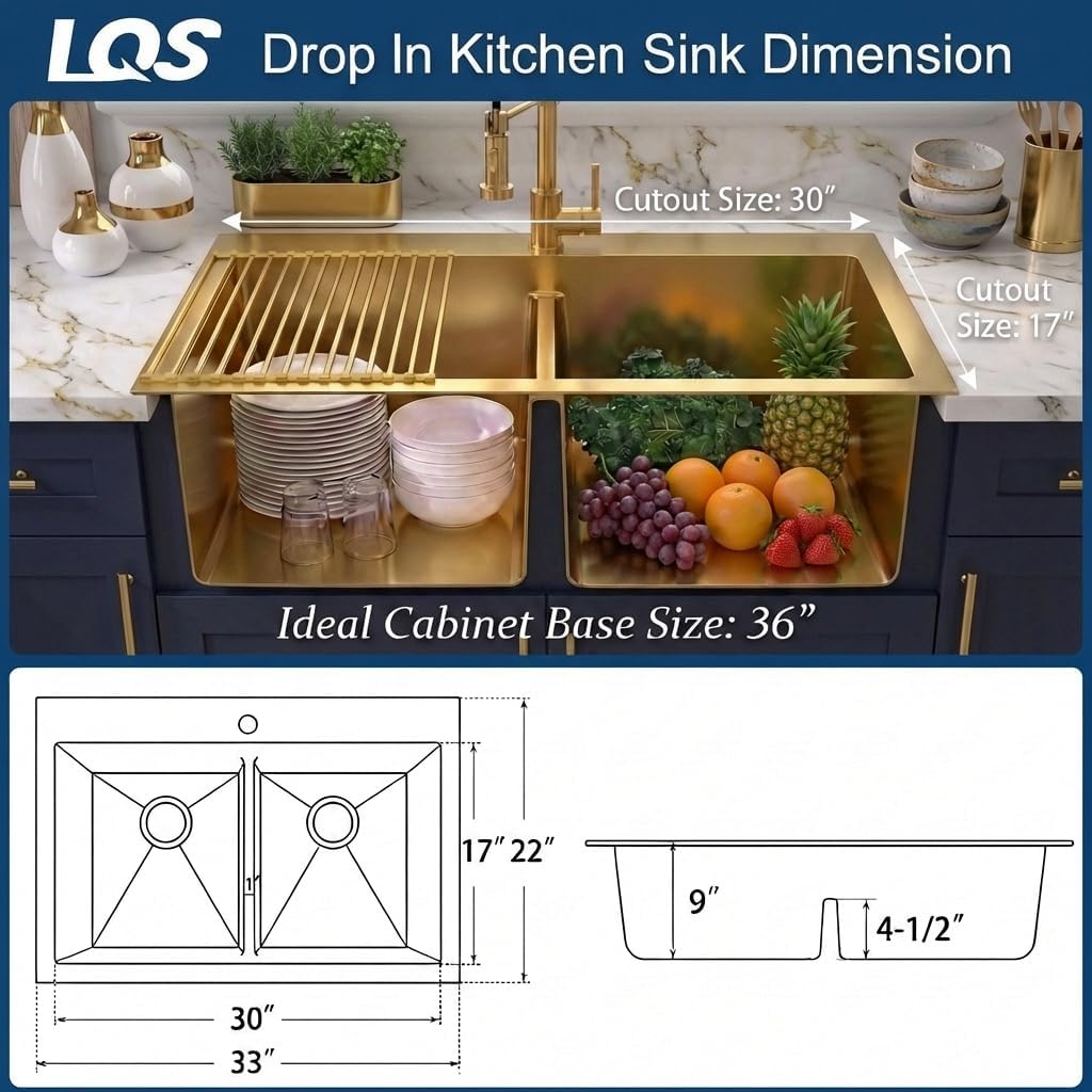 LQS Gold Kitchen Sink 33x22, 33 x 22 Drop in Kitchen Sink, Stainless Steel 50/50 Double Bowl Sinks, Handmade Deep Large 16 Gauge Stainless Steel Material