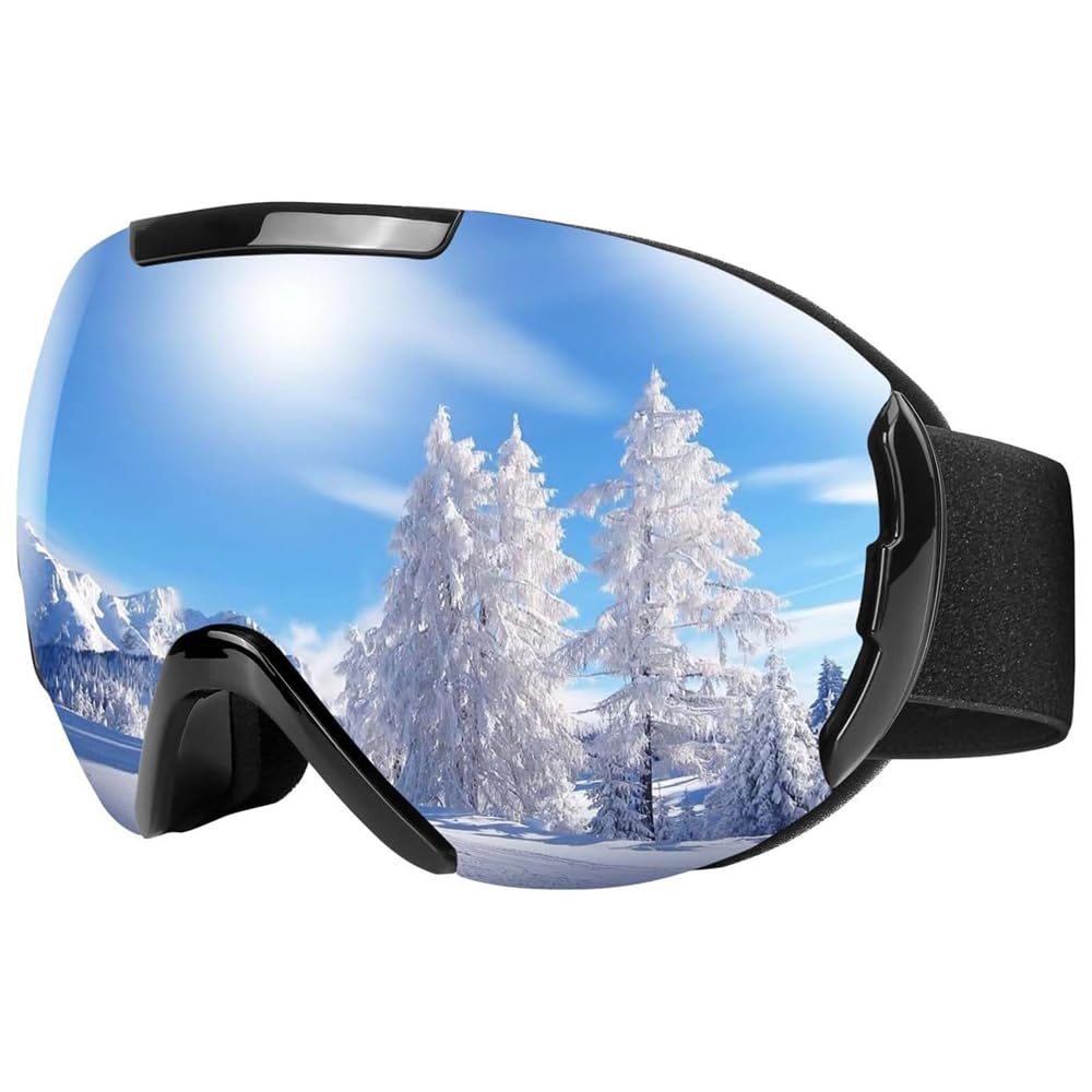 Ski Goggles, UV Protection Anti fog OTG Snow/Snowboard Goggles for Men Women Adult Youth, 100% UV400 Protection Snow Goggles, Over Glasses, Spherical Lens (Silver)