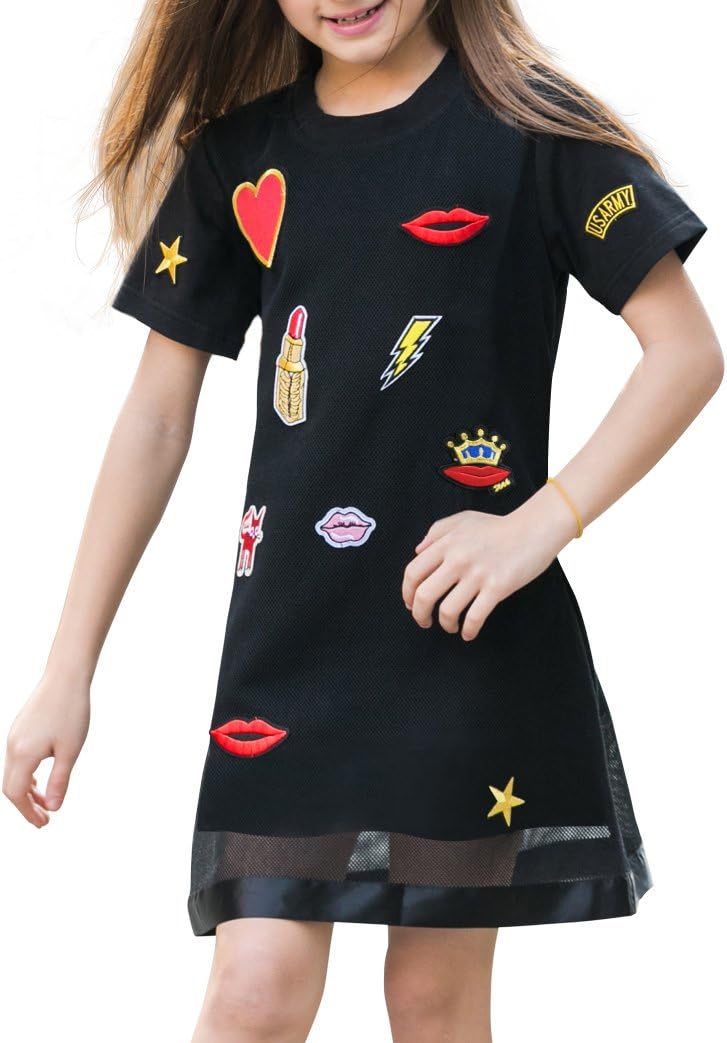 AuroraBaby Girls Applique Shift Dress Black Casual Cute T-Shirt Dresses for Kids Summer 7-16