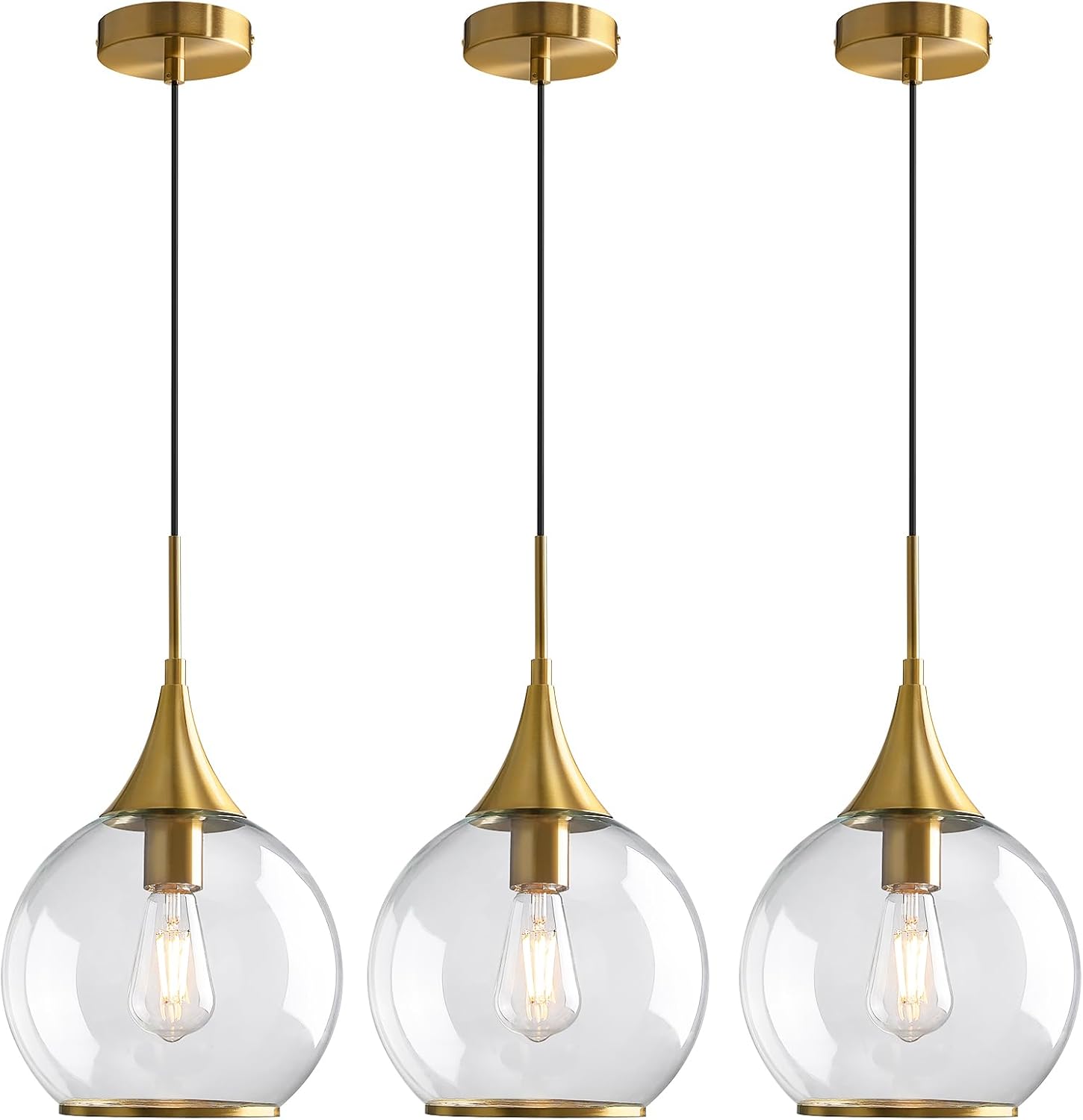 Pendant Lights Kitchen Island: 3 Pack Gold Light Fixture Modern with Clear Glass - 10 Inch Mid Century Globe Kitchen Lighting Fixtures Ceiling for Foyer Bedroom Gold 3 Pack