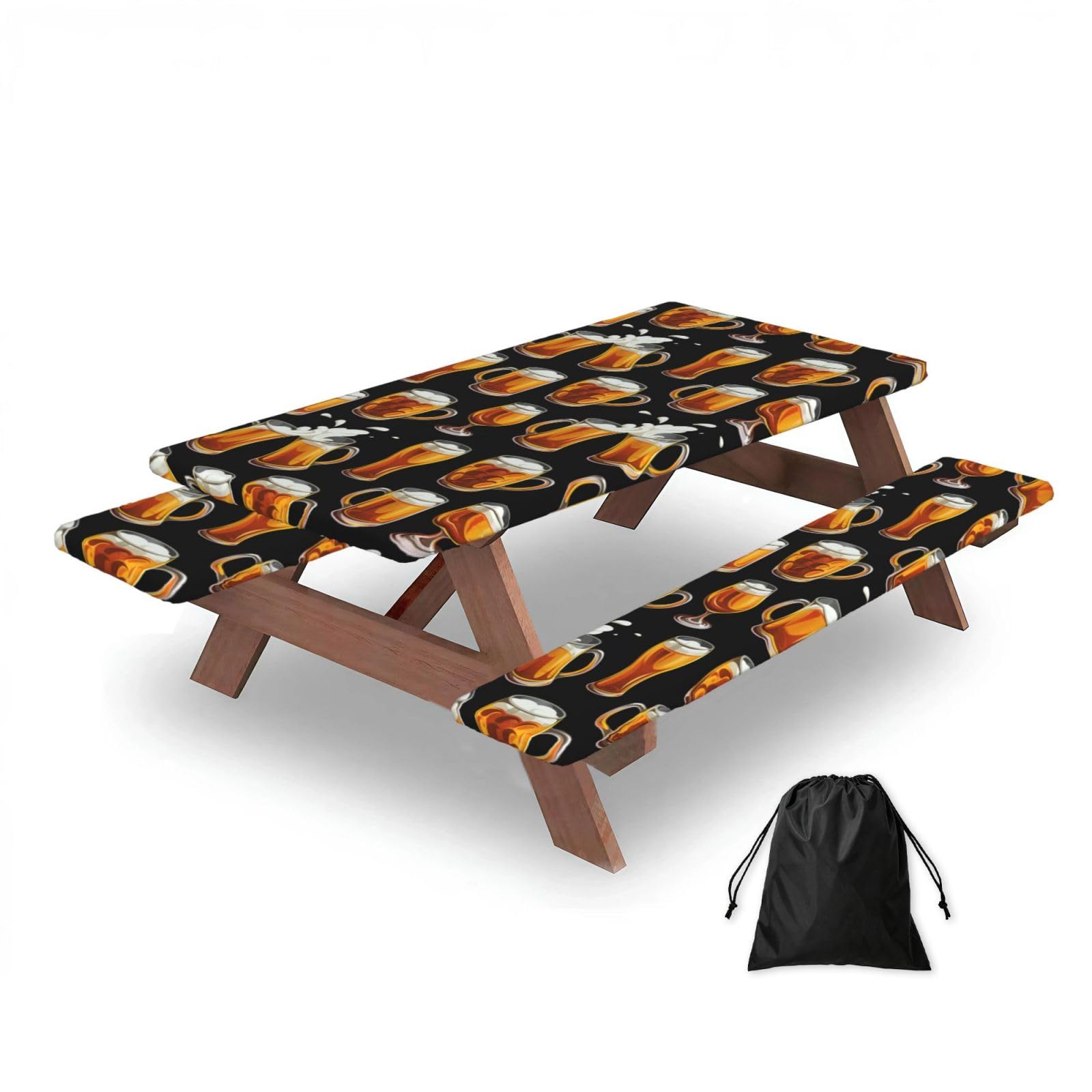 Dopklna As Picture Beer Glass, Picnic Table Cover With Bench Covers -Waterproof Elastic Fitted Tablecloth For Garden Camping Patio 76X152cm