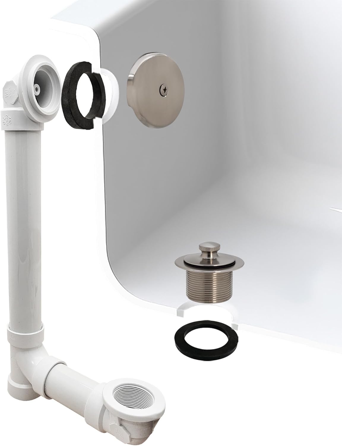Westbrass A49721-07 14" Sch. 40 PVC 1-1/2" Bath Waste & Overflow Assembly with Pull Drain Stopper and One-Hole Faceplate Top Elbow, Satin Nickel