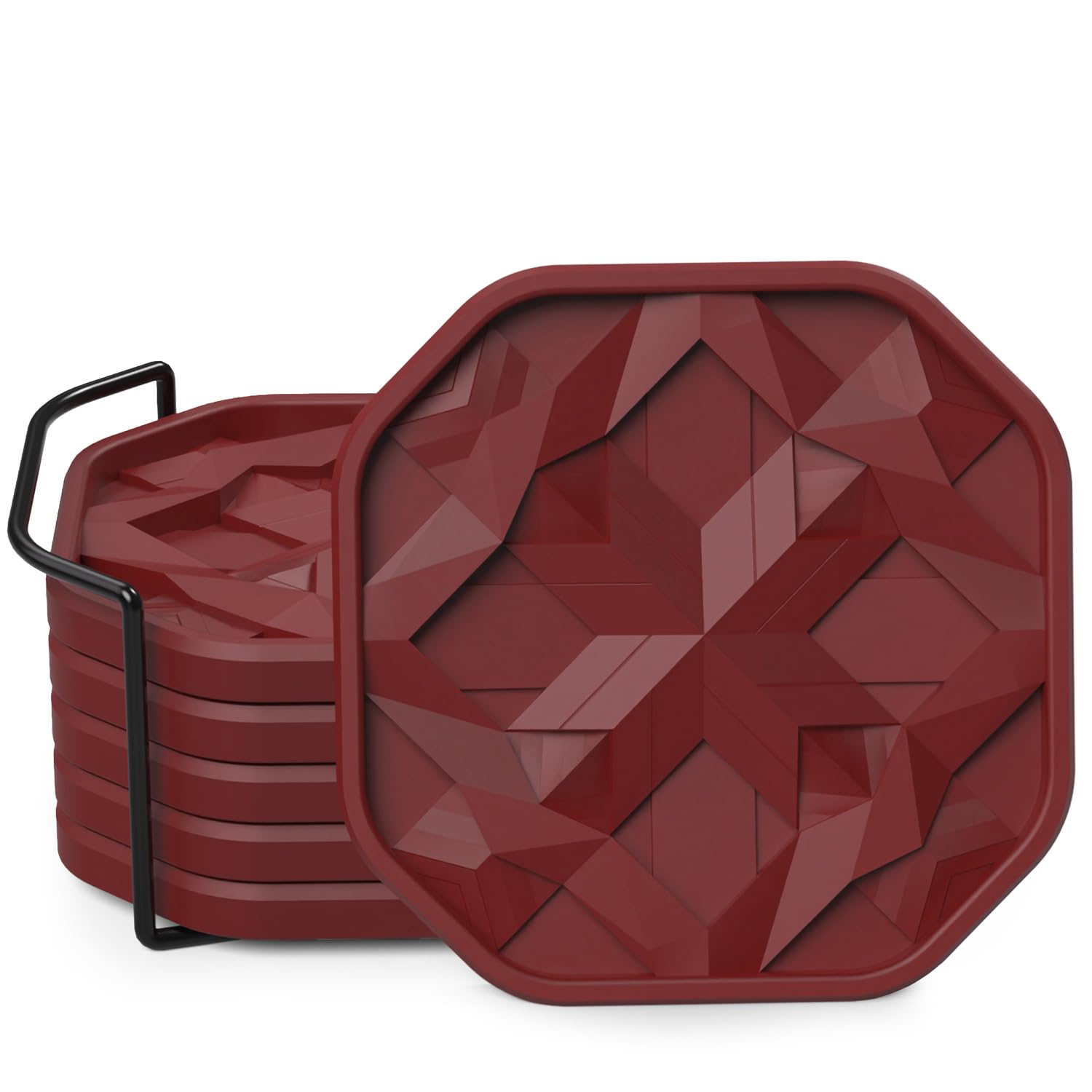 UmirroSilicone Cup Coasters for Drinks with Tailored Holder, Coffee Table Centerpiece, Modern Home Bar or Aesthetic Kitchen Essentials, Red House Decor Gifts, Set of 6