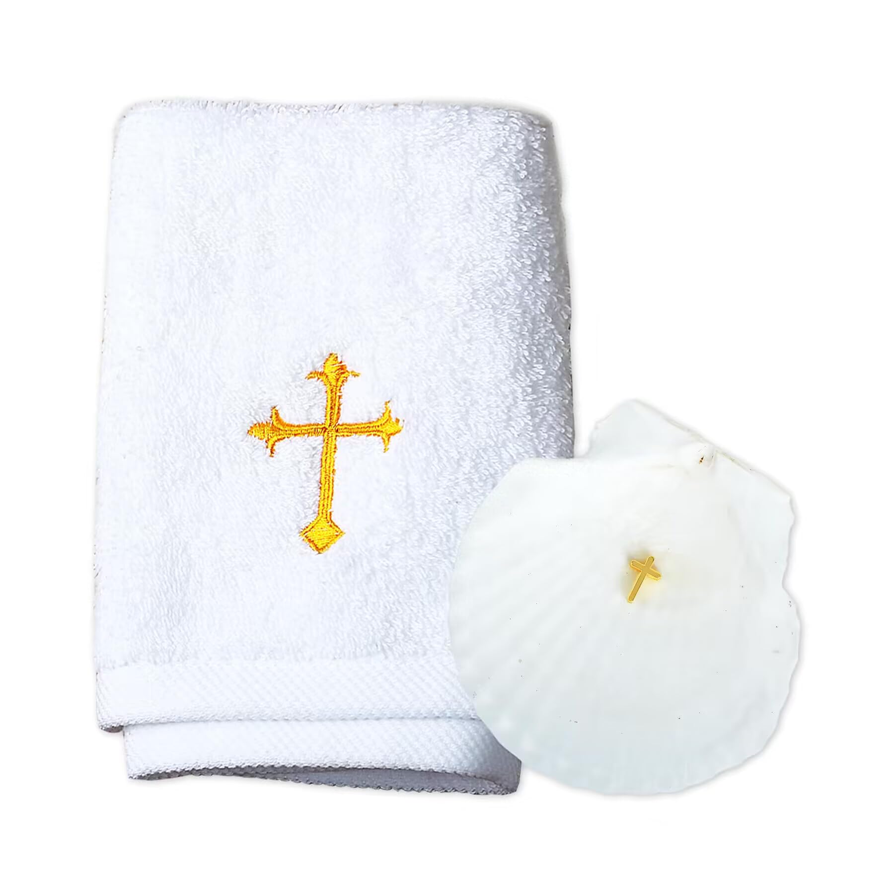 Ohmique Baptism Shell Set - Baptism Towel for Girls & Boys, Christening Towel with Embroidery Cross, Baptismal Gifts for Infants & Toddlers, White