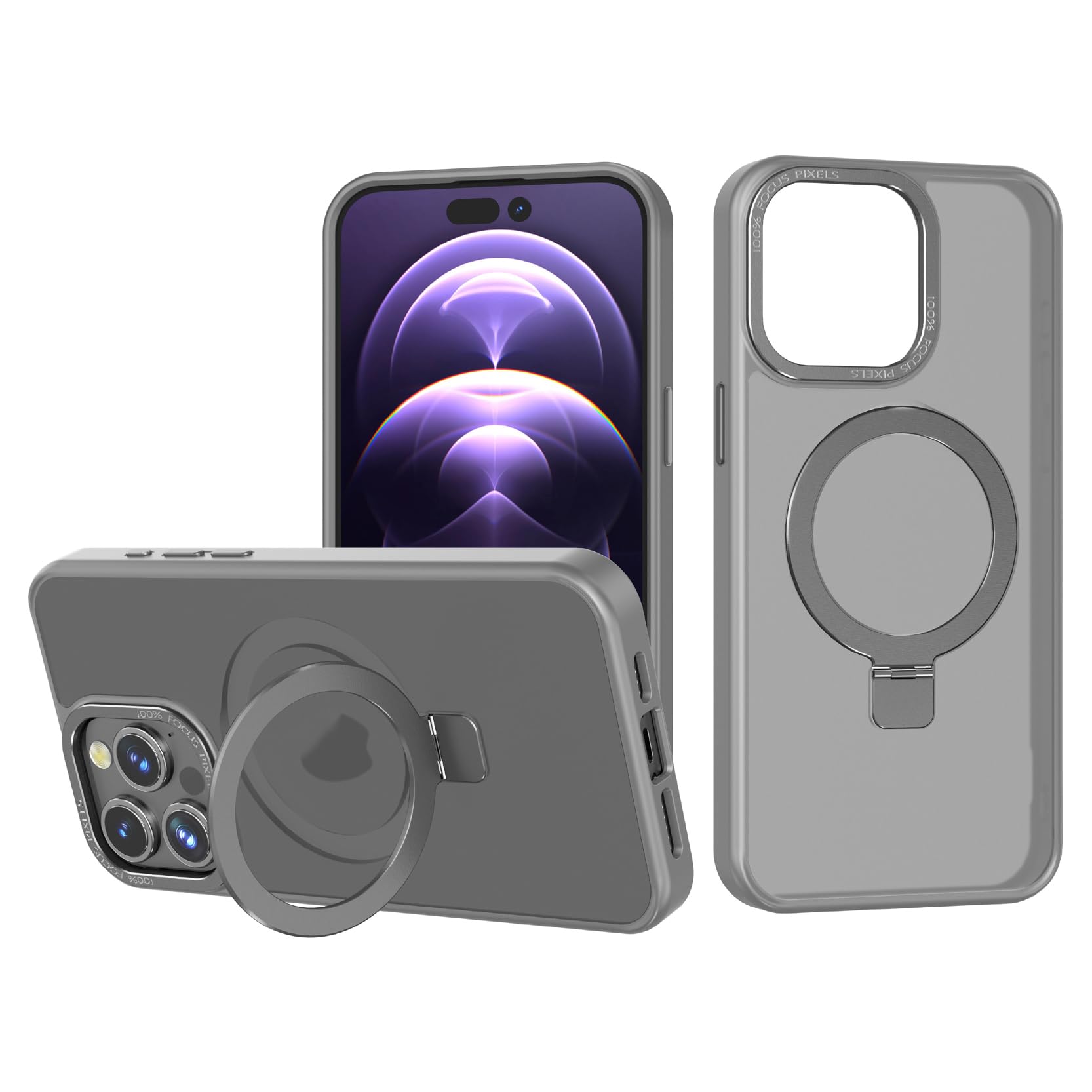 Magnetic Case Compatible with iPhone 15 Pro Max,Translucent Matte Back Non-slip Phone Cover Protective Shockproof with Stand,Gray