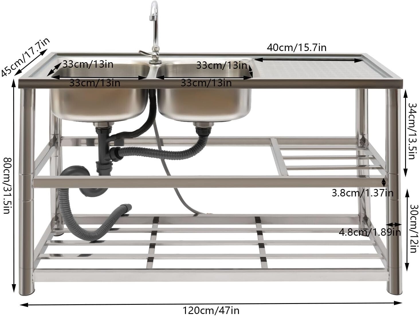 Stainless Steel Sink, Free Standing Outdoor Sink Station, Double Bowl Commercial Utility Sink w/Faucets, Kitchen Prep & Hand Washing Basin w/Workbench & Storage Shelf, For Garage, Restaurant