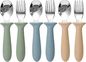 Toddler Utensils, 6 Pack kids Silverware Set with Silicone Handle, 18/8 Stainless Steel Children Safe Forks and Spoons, Dishwasher Safe
