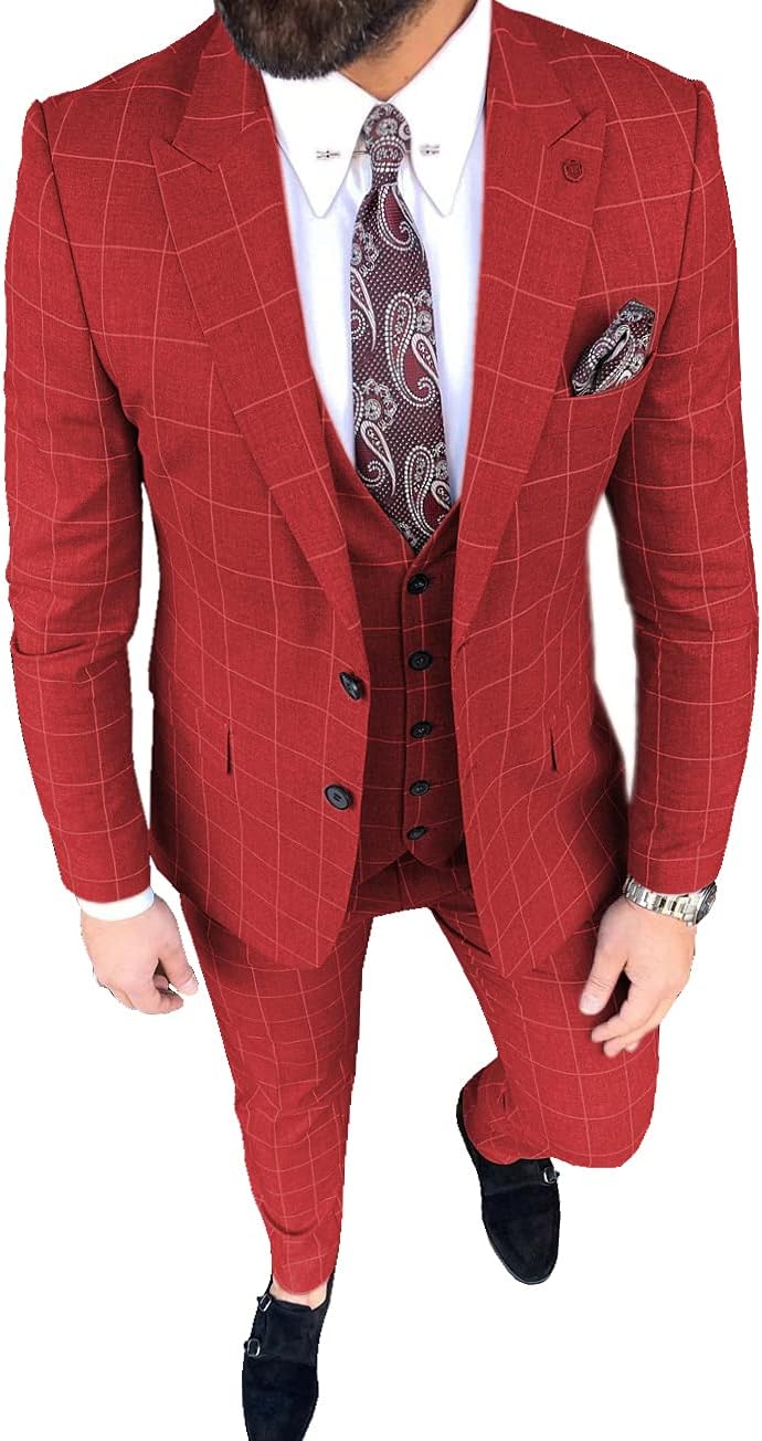 Men's Slim Fit Suit 3 Pieces Jacket Tuxedos Two Button Waistcoat Blazer for Wedding