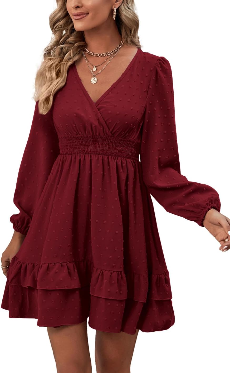 Rooscier Women's Wrap V Neck Swing Ruffle Swiss Dots Long Sleeve Mini Dress - Image 6