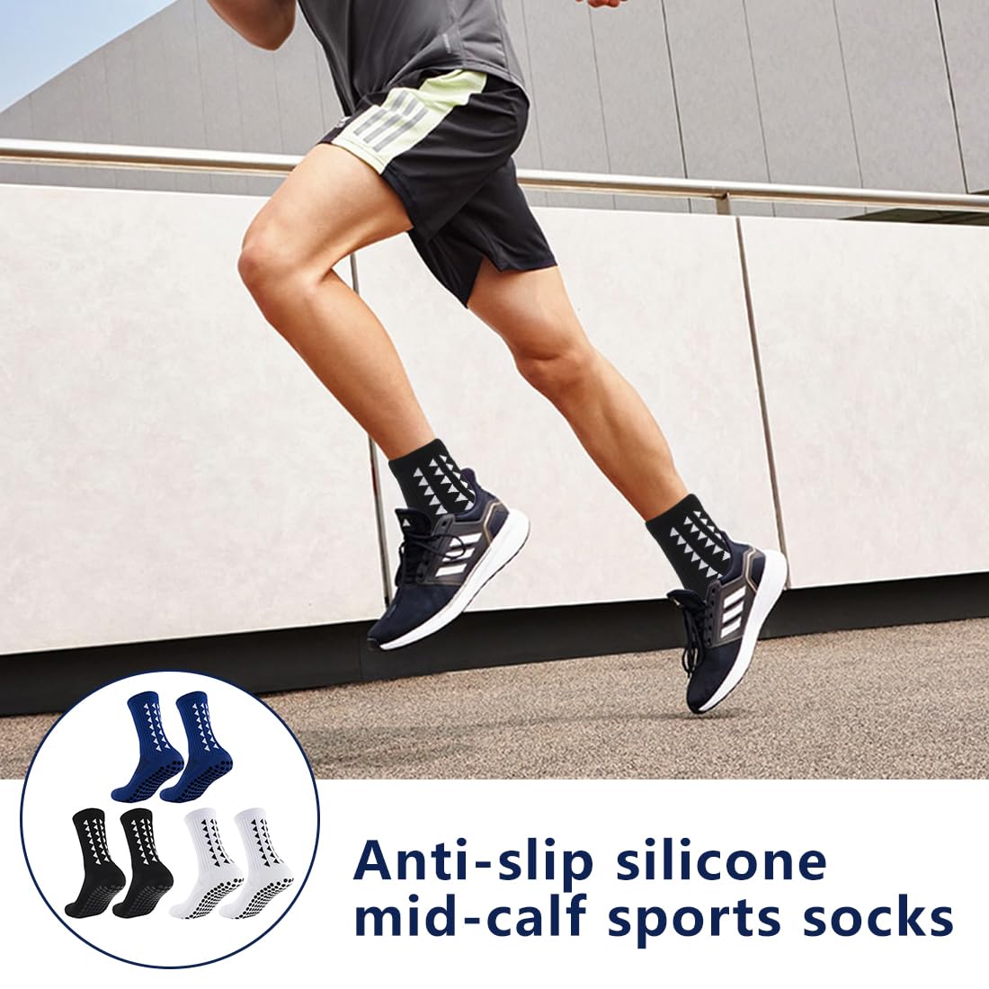 Gain The Edge Grip, 3 paia di calzini da calcio per uomini, donne e bambini, antiscivolo, con supporto per arco plantare migliorato, per calcio, rugby, basket, corsa, yoga (nero, bianco, blu)