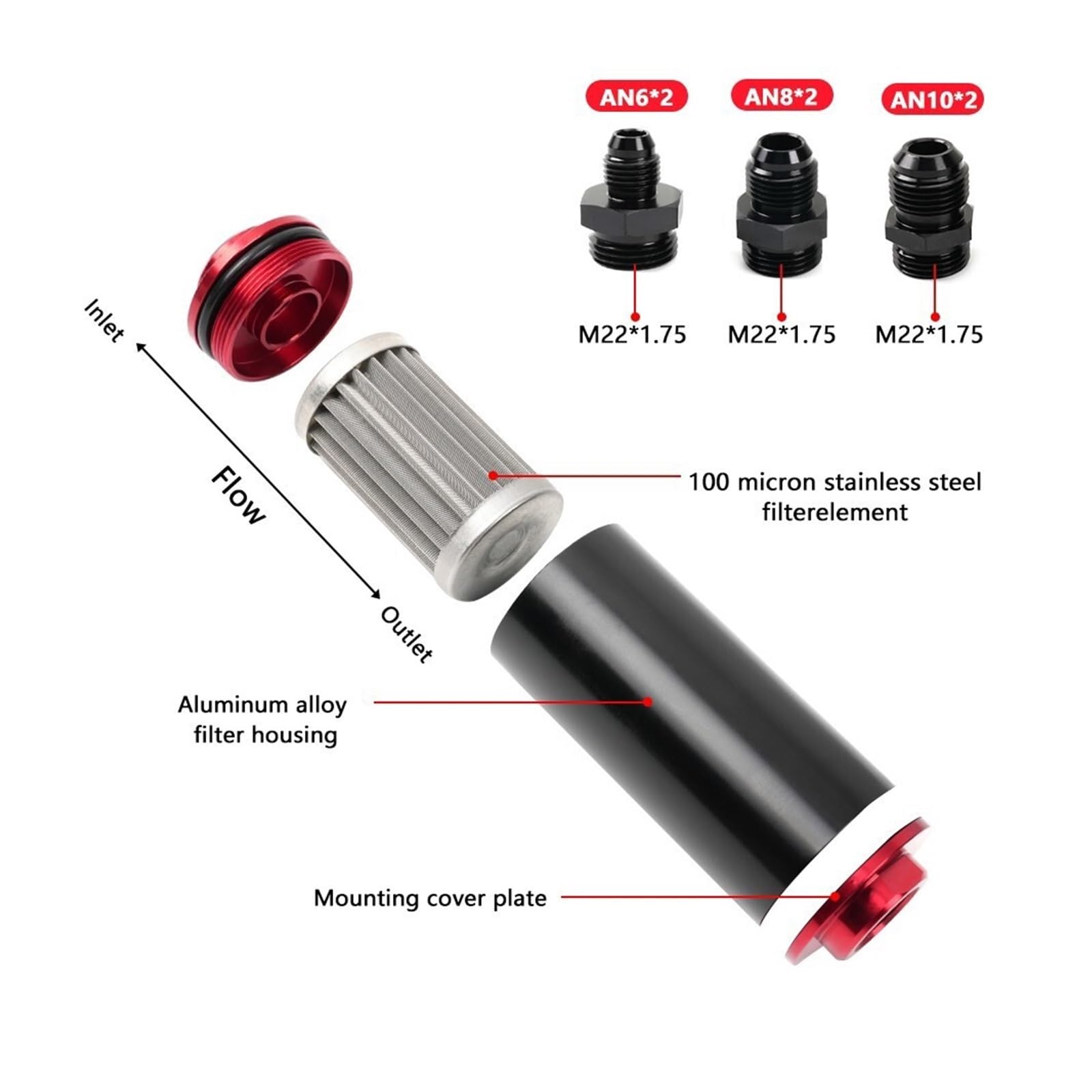 Filtro de combustible en línea 50 mm y 100 micras con soporte montaje aluminio, llave adaptador universal 6AN/8AN/10AN, lavable, negro/rojo(Red)