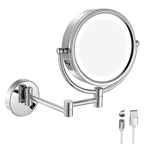 GURUN Espejo de maquillaje inalámbrico con aumento de luz LED de 8.5 pulgadas, espejo de tocador de doble cara para baño con aumento de 10 x USB