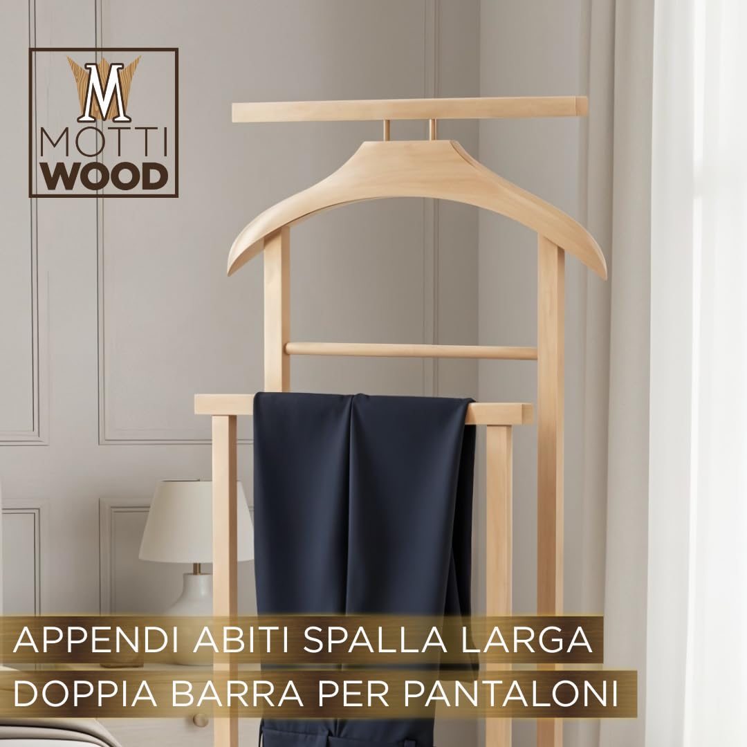 Mottiwood Indossatore Doppio con Appendi Pantalone, Appendiabiti Da Camera, 100% Legno Faggio, Servo Muto Doppio con 4 Ruote, Color Naturale, Made in Italy