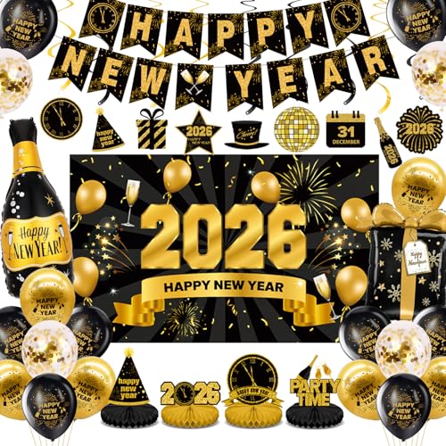 New Years Eve Party Supplies 2026-46 PCS Happy New Years Decorations-Party Favors Includes Banner, Backdrop, Balloons, Centerpieces, Hanging Swirls Nye Decorations 2026