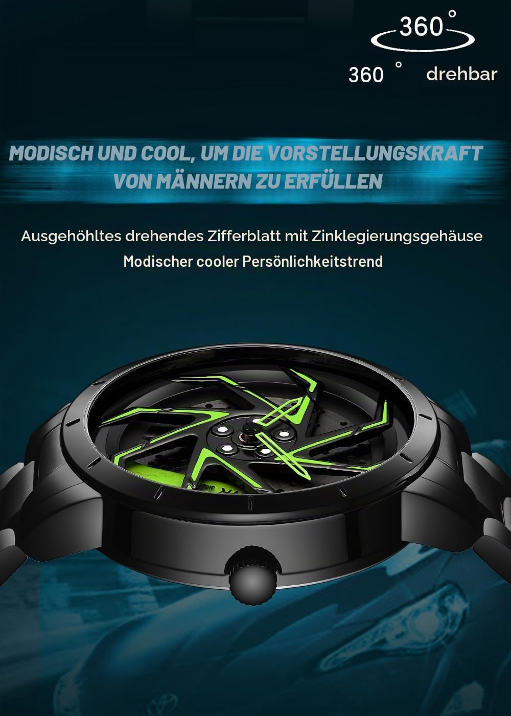 Gosasa Herren-Rennuhren, drehbar, Auto, Felge, Radnabe, Design, Sportuhren, Edelstahl, wasserdichte Uhr