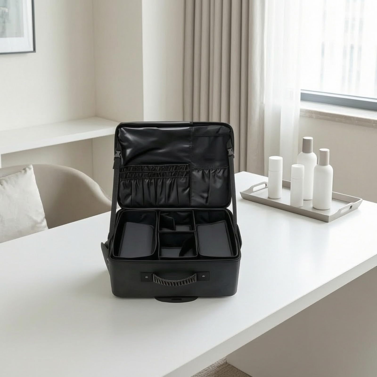 predolo Valigia Trucco con Ruote e Interno Strutturato Professionale Organizer Cosmetici Trolley con Manico Telescopico Struttura Rigida per Estetiste, Eventi, Nero Intrecciato