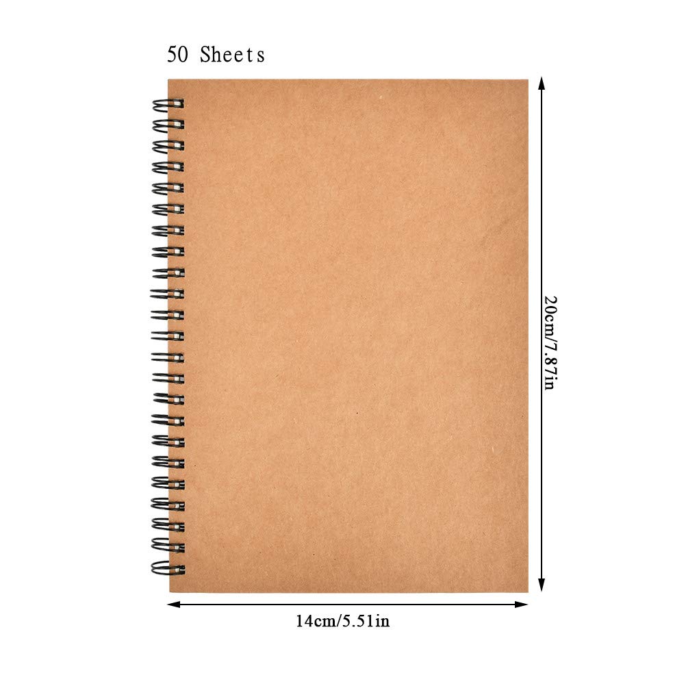 4 Stück A5 Skizzenbuch, Spiraleinband, leere Seite, Skizzenbuch, Skizzenblock, Krafteinband, Skizzenblock, Kunstbuch, 50 Blatt, blanko Papier-Skizzenbuch für Memos, Malen und Graffiti (braun)