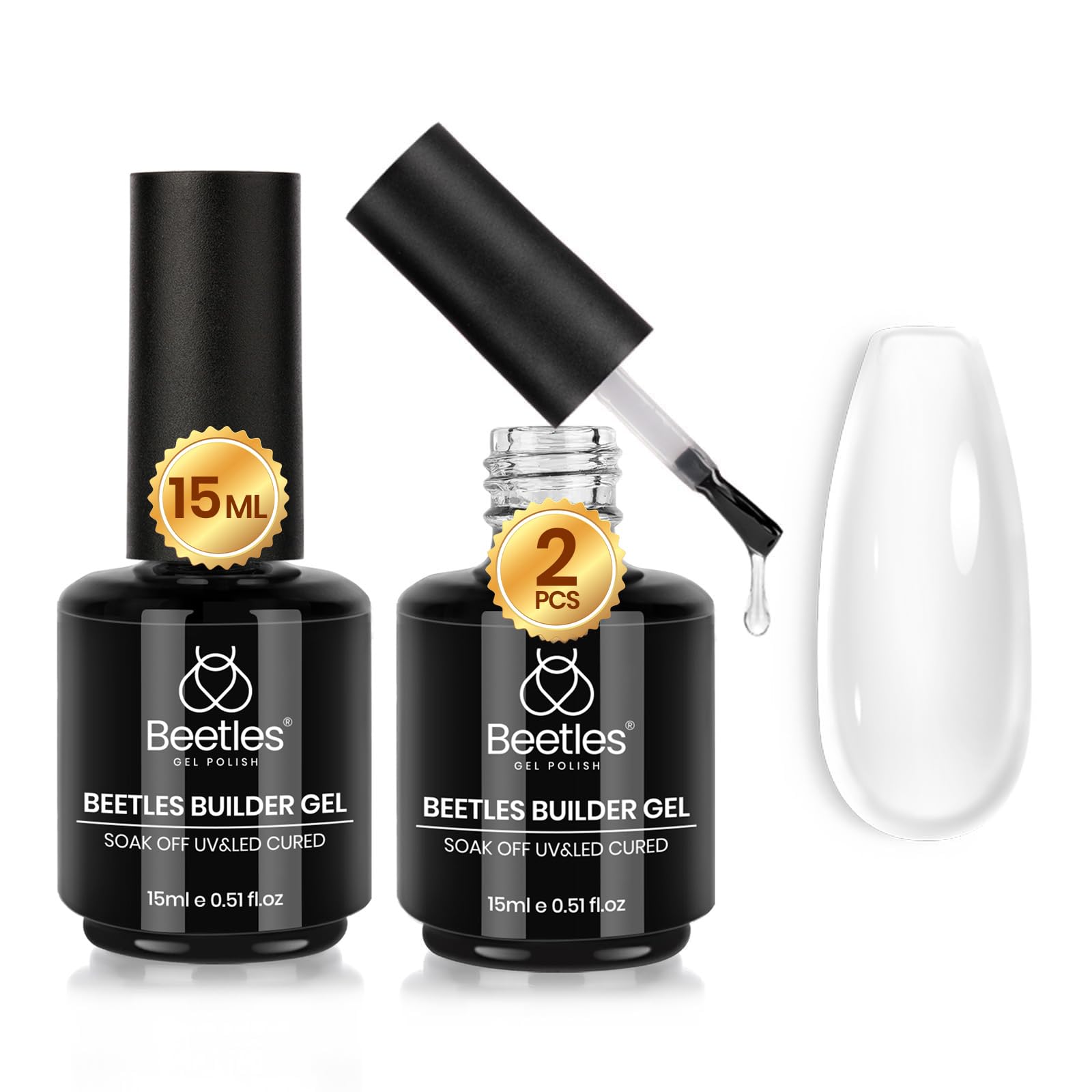 Beetles Builder Gel for Nails 2pcs 0.51 OZ, Nail Thickening Solution 7 in 1 Clear Builder Nail Gel Set for Nail Apex Extension LED Lamp Cured Nail Enhancement Gel for Beginners & DIY Salon Manicure