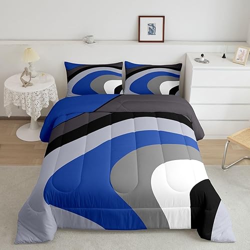 Miniatura 7 de Juego de edredón de plumón color verde menta, azul, negro y gris, tamaño Queen, juego de edredón de espirales geométricos para niños y niñas, juego