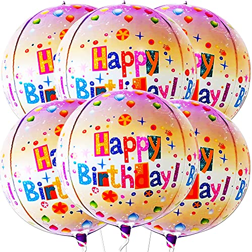 Big 22 Inch 6 Pack Happy Birthday Foil Balloons - Birthday Party Decorations | Happy Birthday Mylar Balloons, Happy Birthday Helium Balloons | 4D Round Happy Birthday Balloons Birthday Party Supplies