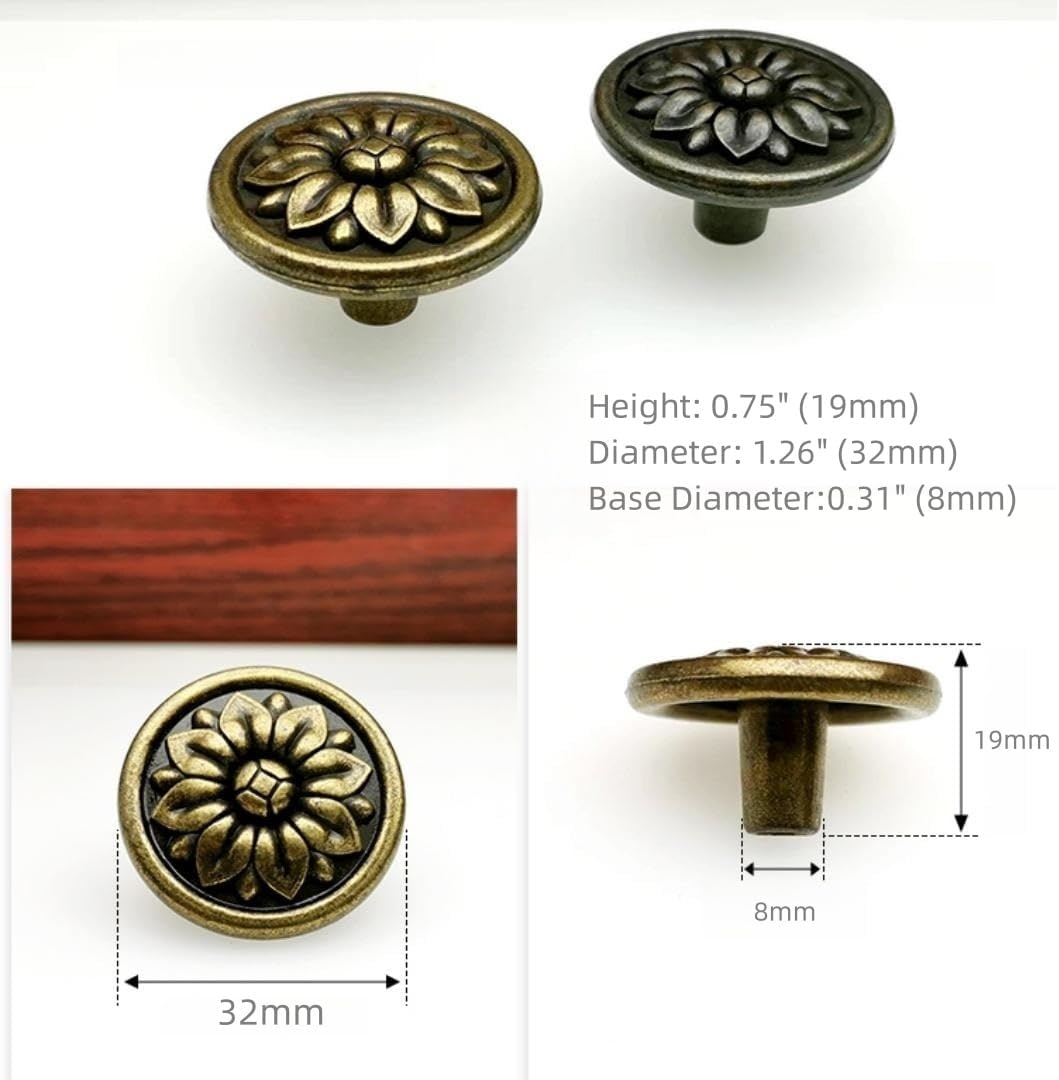 2 Colors Antique Bronze Black Drawer Single Hole Knob Flowers, Zinc Alloy Cabinet Hardware for Kitchen Bathroom Pull 1.26Inch Diameter (Antique Black,10)