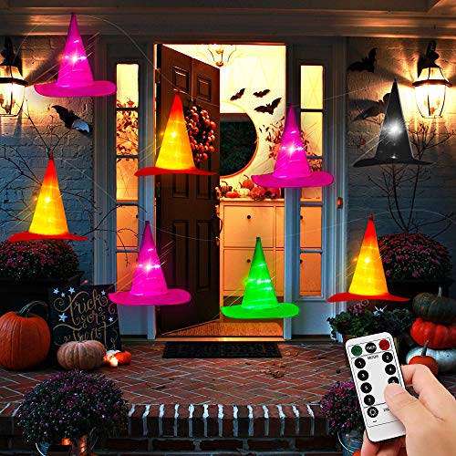 Halloween Decorations Outdoor - 8PCS IP67 Waterproof Hanging Witch Hat String Lights w Timer Battery Operated - Halloween Lights Outside Decor for Tree Porch Patio Garden Yard Party Home