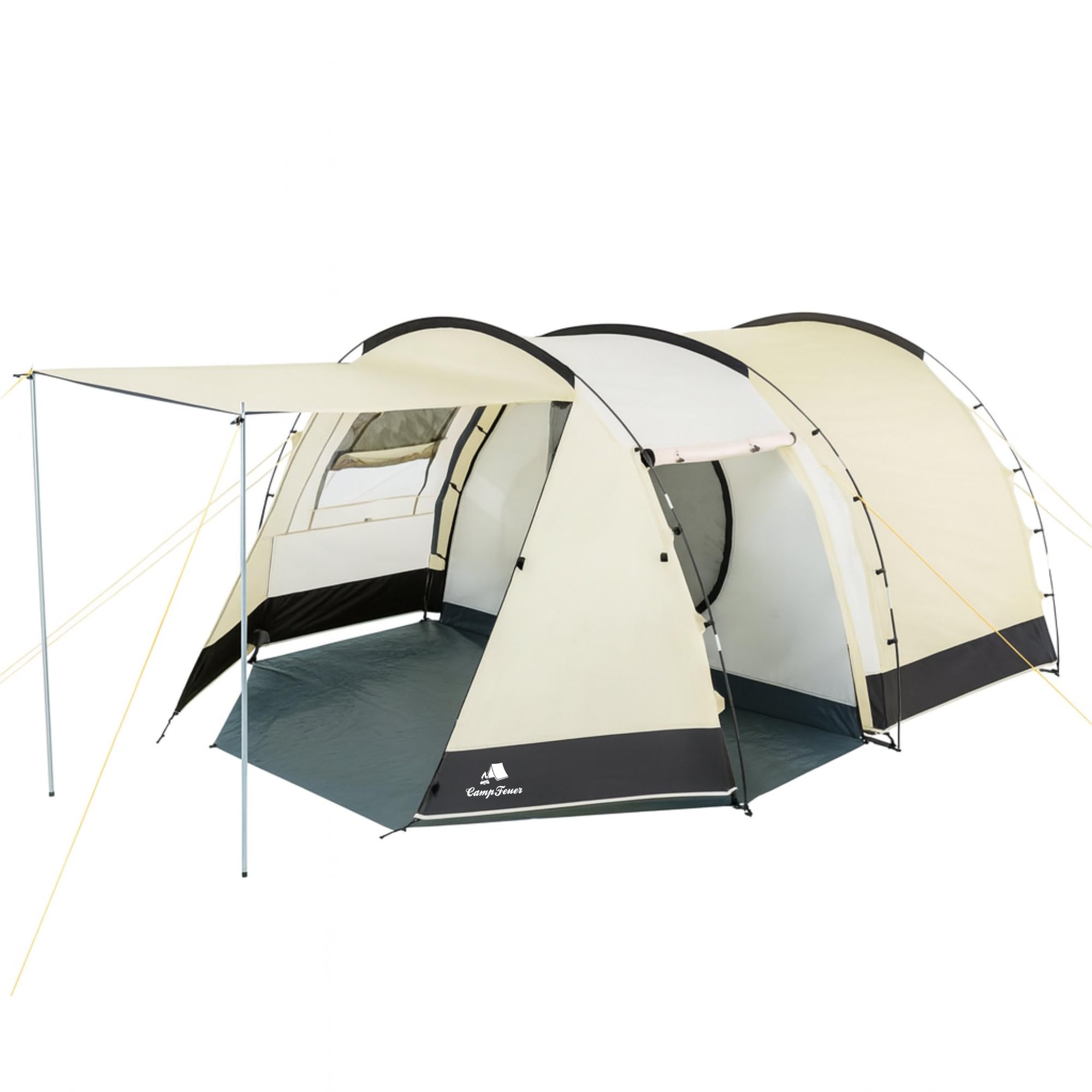 CampFeuer Super+ Tent for 4 People, Sand/Black, Large Tunnel Tent with 2 Entrances and Awning, 3000 mm Hydrostatic Head, Group Tent, Camping Tent, 