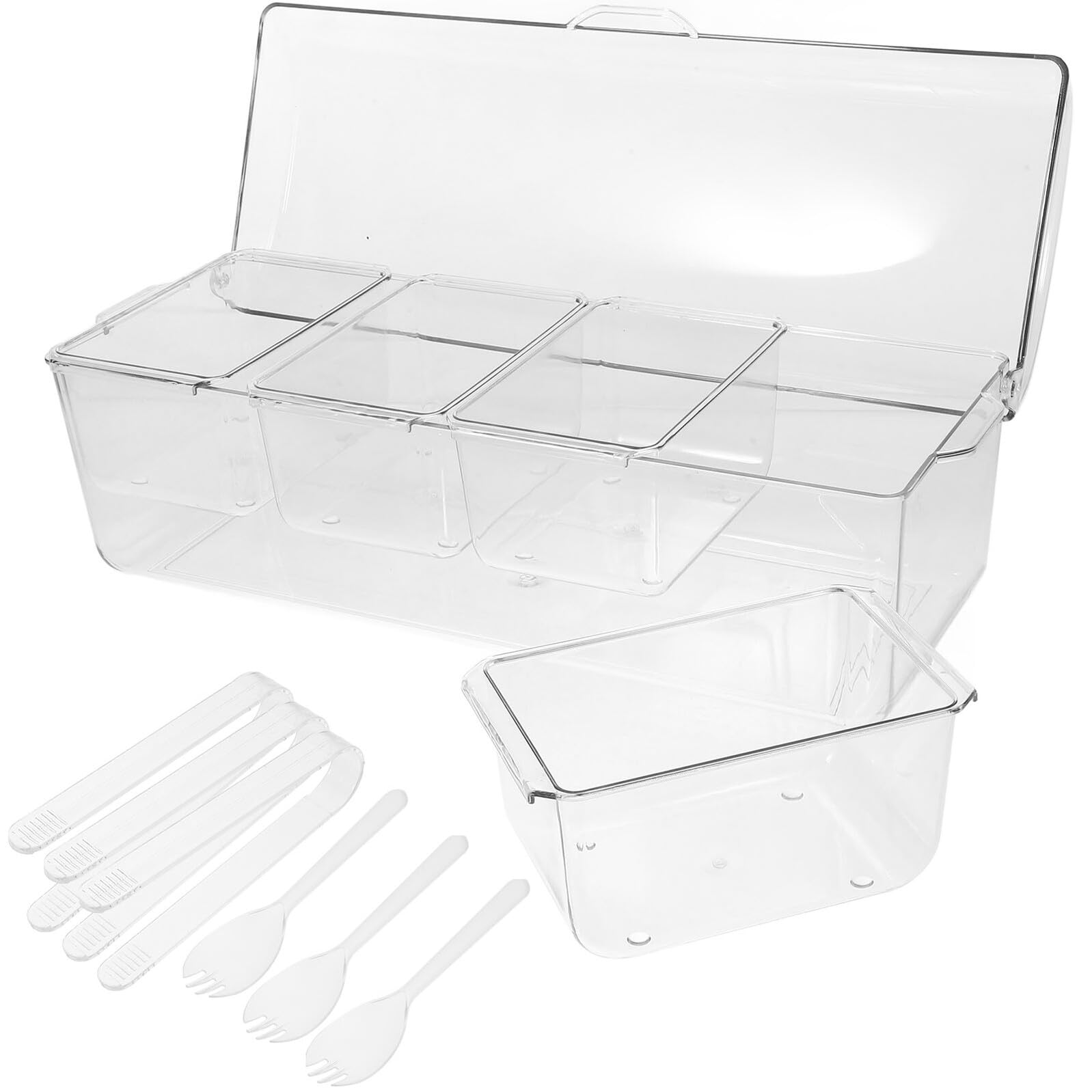 Hemobllo Contenitore per Condimenti Refrigerati con 4 Scomparti Trasparente Vassoio per Insalata con Coperchio e Accessori Contenitore di Plastica per Alimenti da Picnic e Riunioni