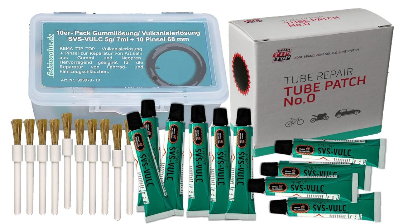 REMA TIP TOP Vulkanisierlösung-​Schlauchflicken-Set No.0 (Ø 30 mm) | Schlauch-Reparatur-Set mit 100 Flicken Größe 0, 10 Tuben Vulkanisierlösung und 10 Pinseln 68 mm lang