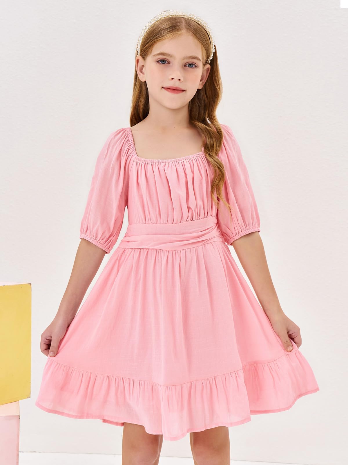 Haloumoning Vestidos de verano para niñas, de manga corta, cuello cuadrado, con cordones, espalda descubierta, volantes, acampanado, vestido de fiesta