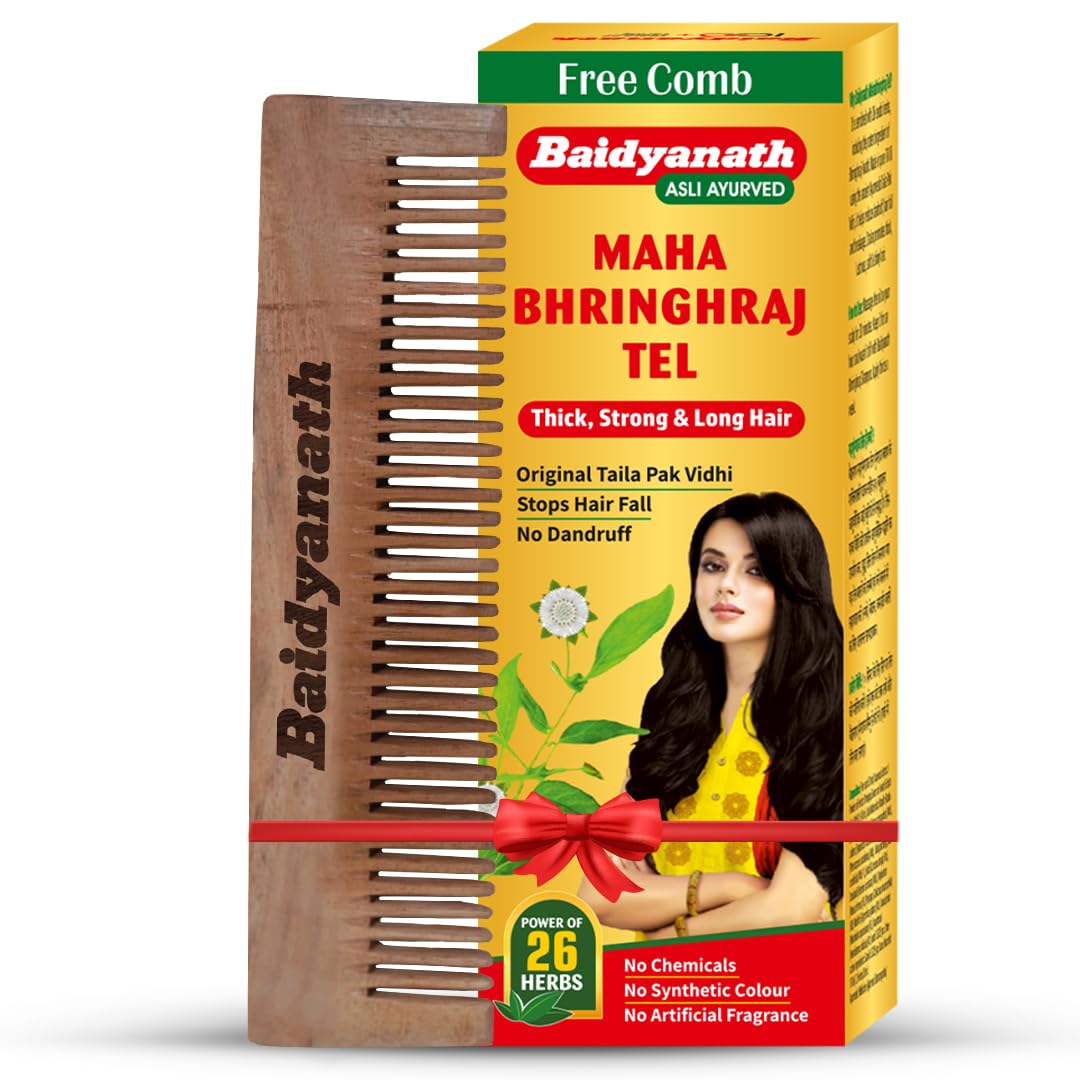 Baidyanath Mahabhringraj Tel | Ayurvedic Hair Oil | For Growth, Dandruff Control, and Hair Fall Prevention with 26 Exotic Herbs | Ayurvedic Medicated Oil | Zero Chemical & Synthetic Colour | 200 ml