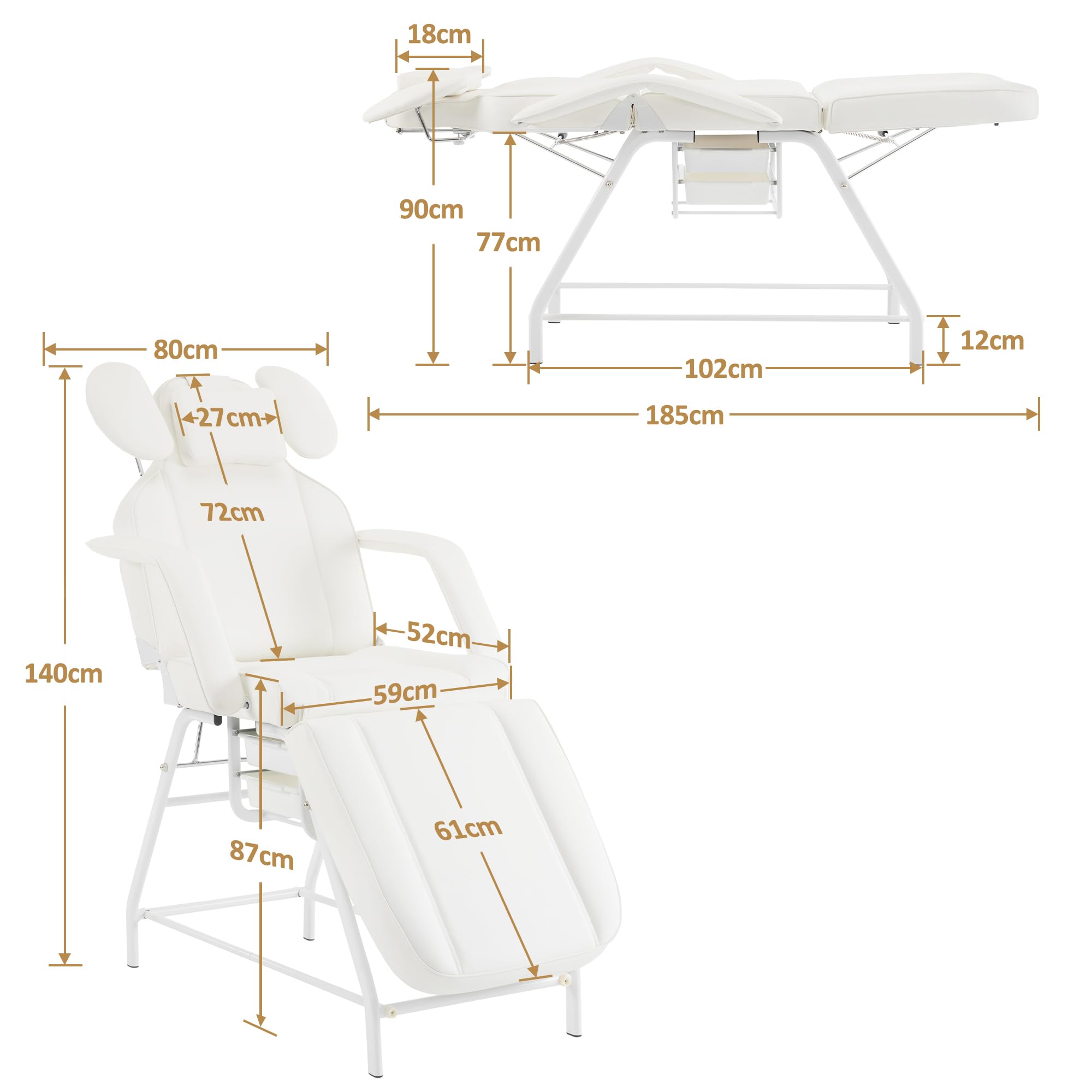 Barberpub Kosmetikliege Klappbar, Massageliege 80cm breit, behandlungsliege Wimpern, Tattoo Liege für SPA Salon, Verstellbare Handstütze für Kosmetiker 185x80x90 cm 0726 (Weiß/PU)